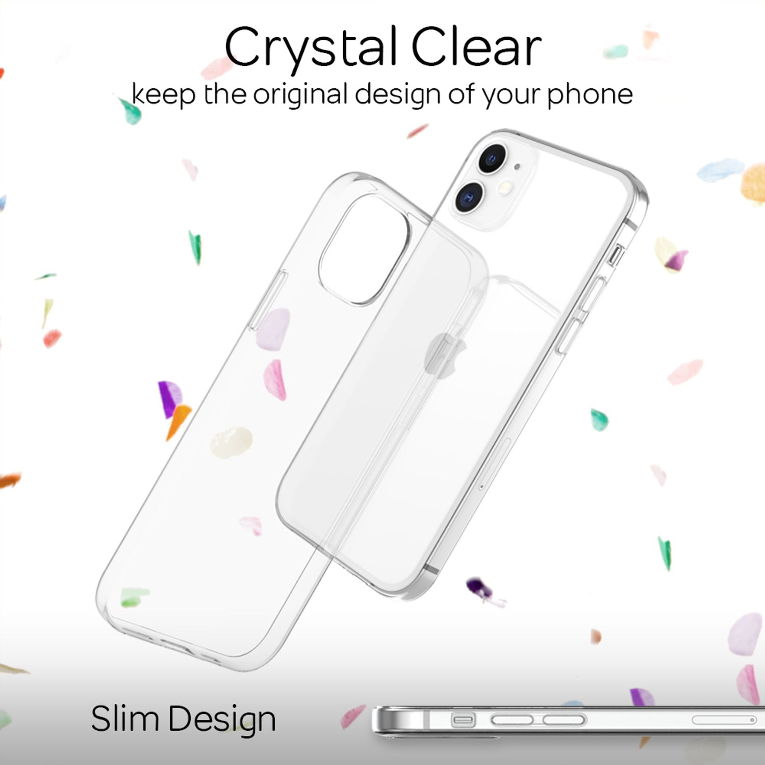 Custodia trasparente, telefono e coriandoli, con testo: Crystal Clear, Design sottile, su sfondo bianco.