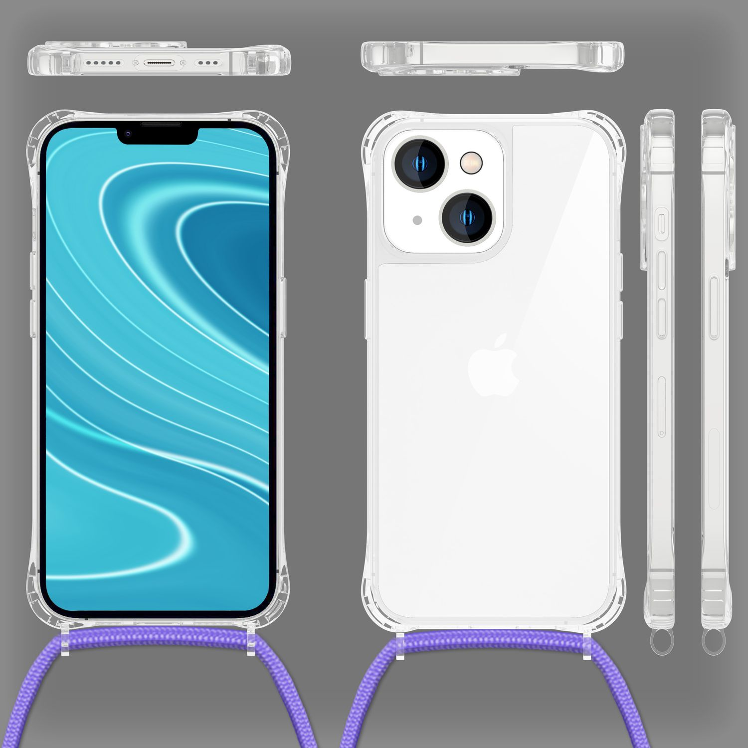 Funda transparente para teléfono con cordón morado, varias vistas del teléfono y la funda, fondo gris.