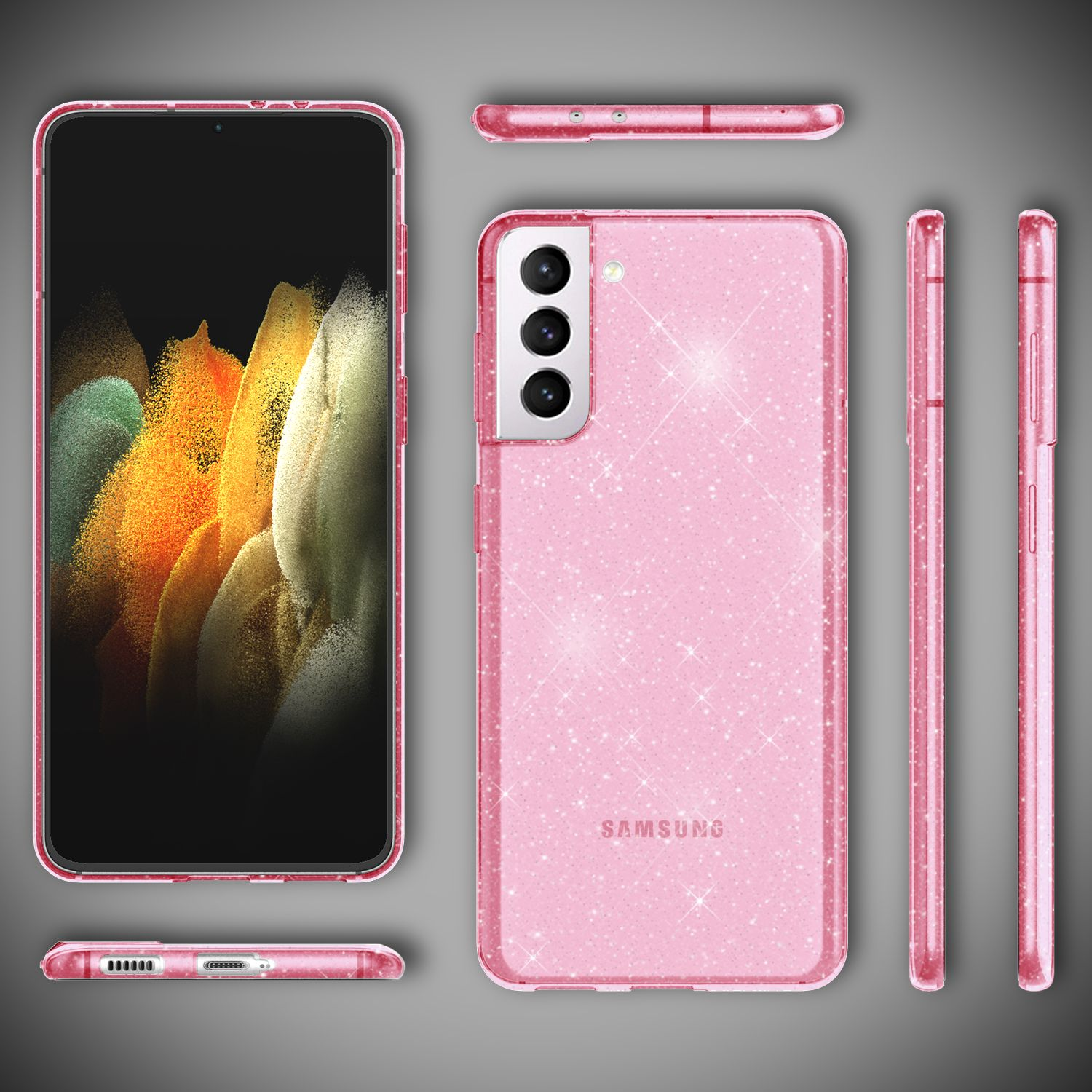 Rosa Glitzer-Handyhülle, zeigt Vorder-, Rück- und Seiten eines Samsung-Telefons. Samsung-Logo.