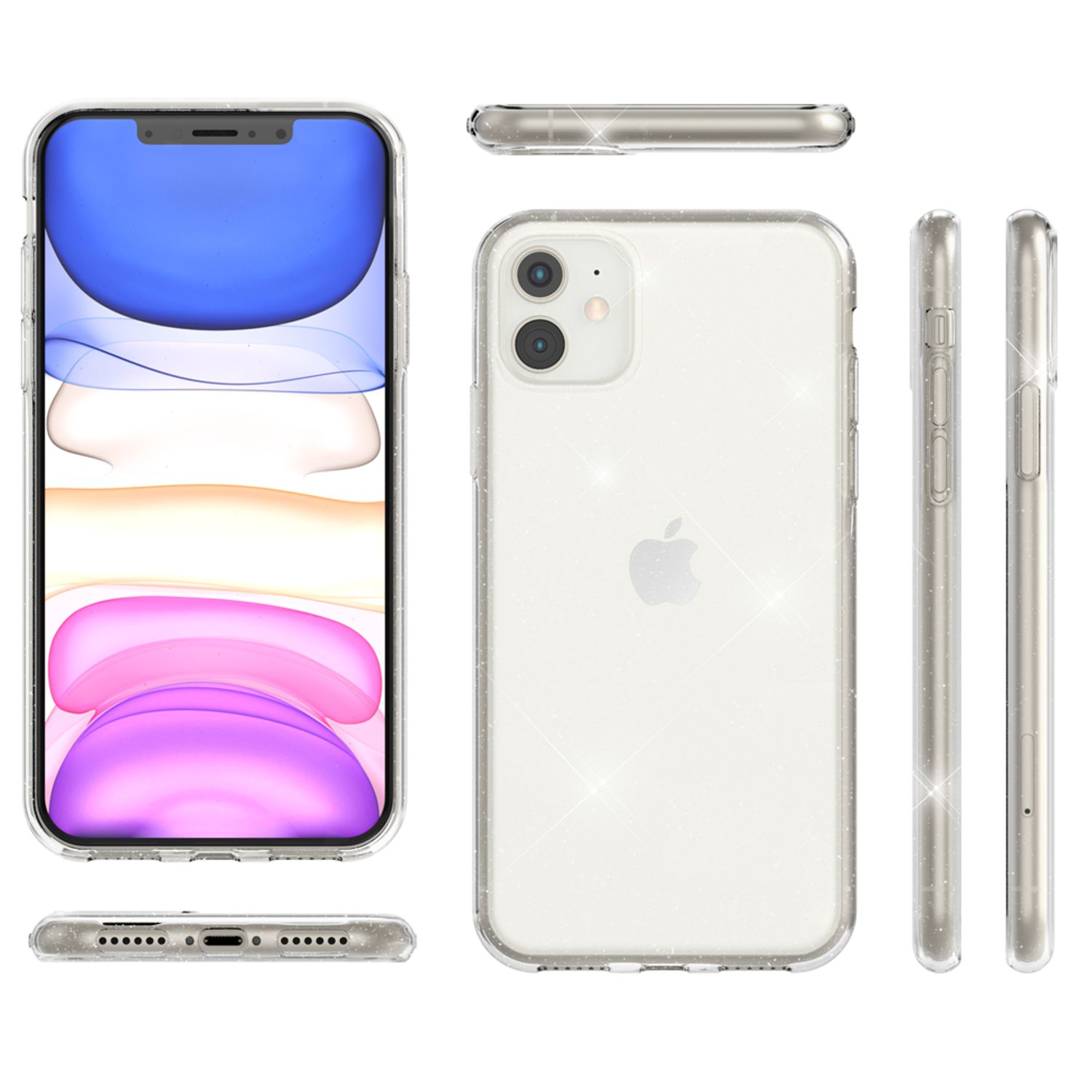 Teléfono plateado en funda con purpurina, múltiples vistas sobre fondo gris.