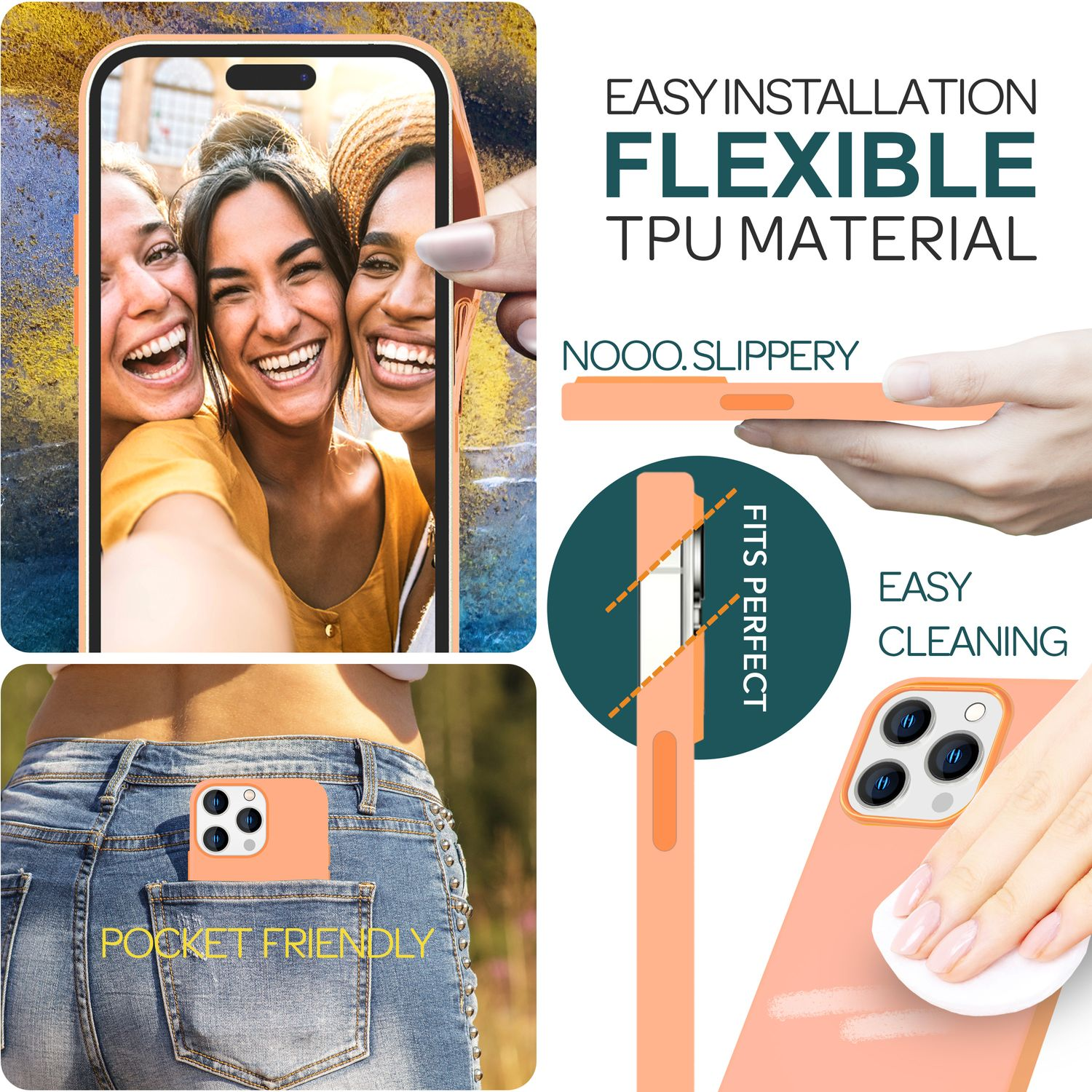 Orangene Handyhülle mit Bildern von Personen, Text und einem Handy in einer Tasche.