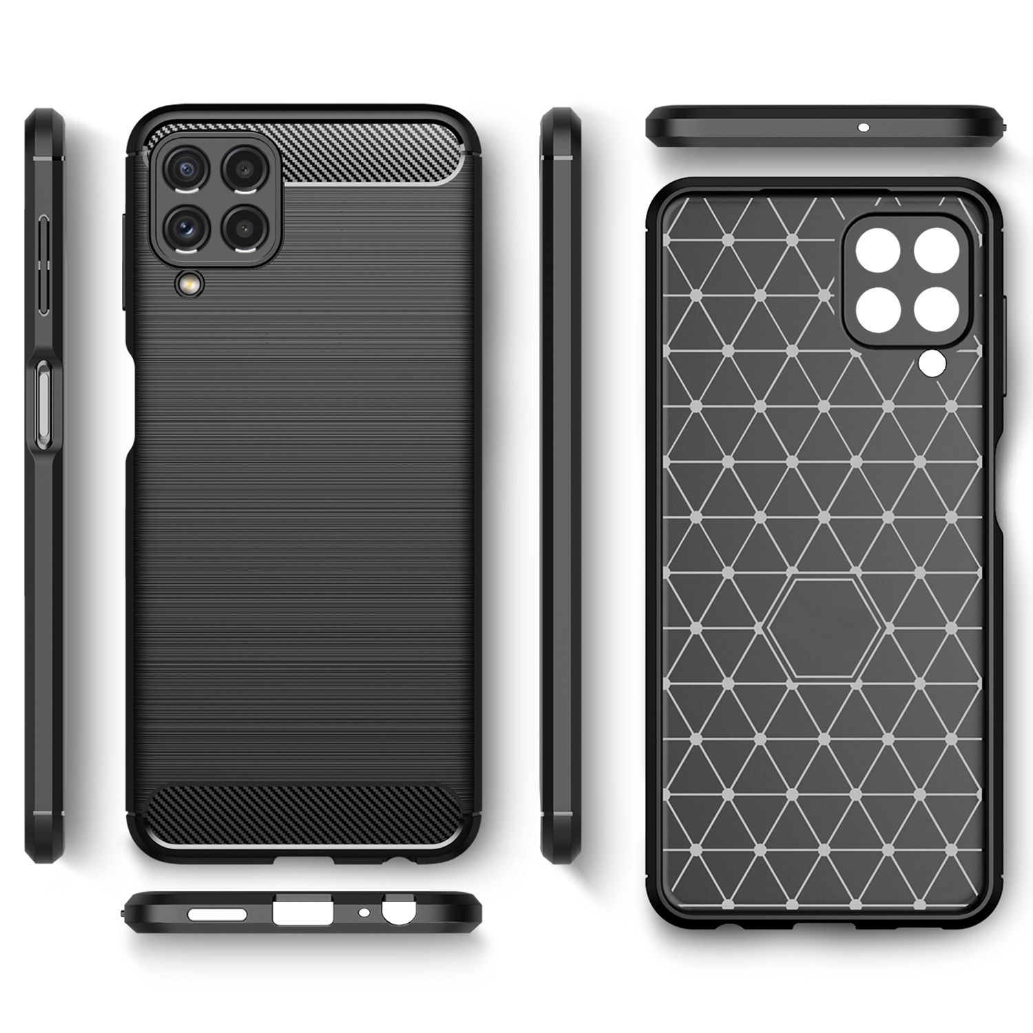 Schwarze Handyhülle mit strukturiertem Design und Telefon mit Ringhalter. Auf weißem Hintergrund.