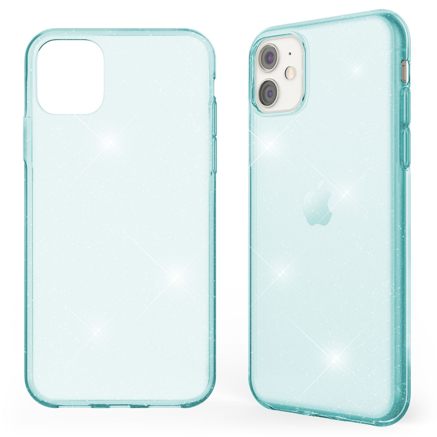 Dos fundas transparentes para teléfono con brillos. Una vacía, la otra con un teléfono.