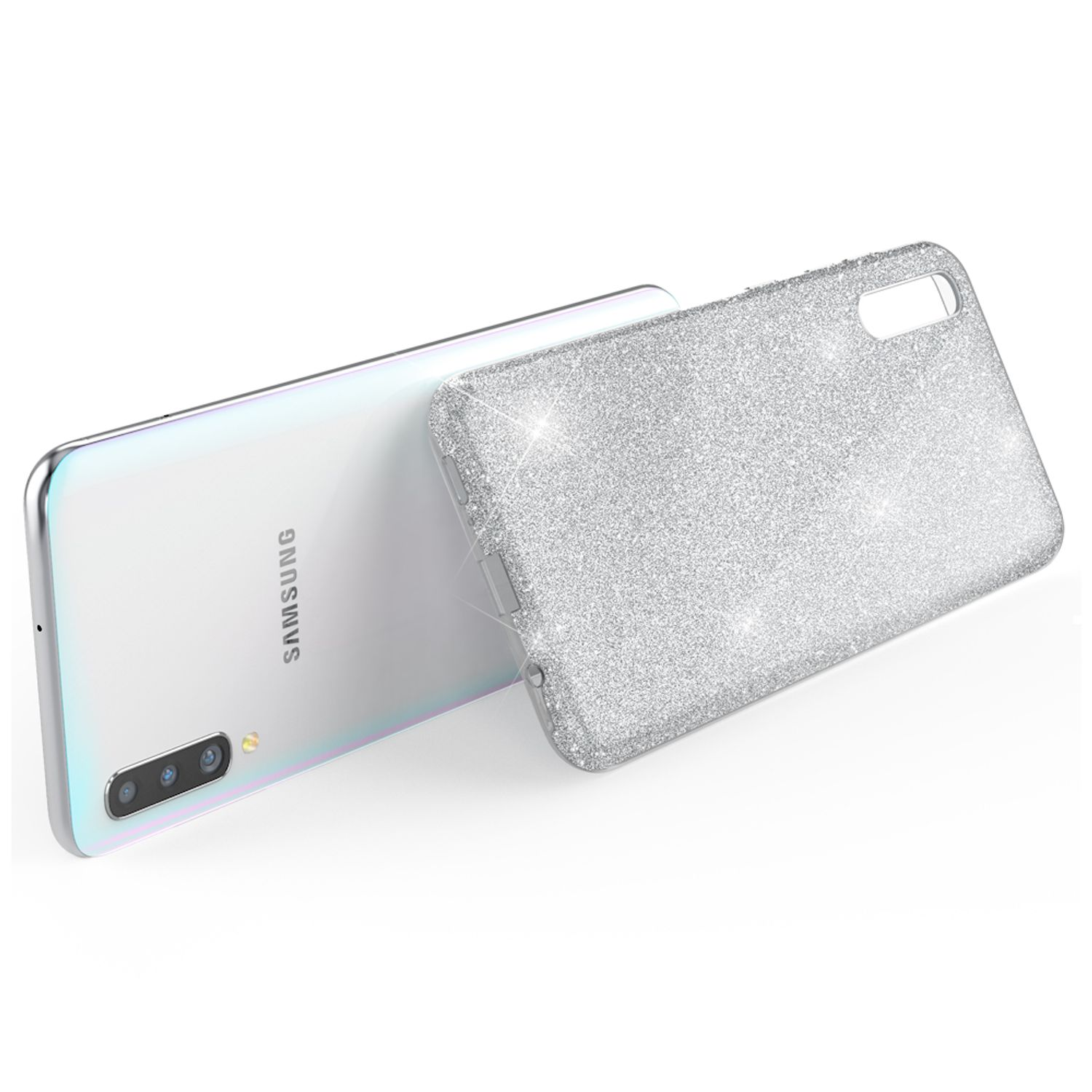 Telefono Samsung argento con custodia glitter, sdraiato sulla schiena, custodia appoggiata, sfondo bianco.