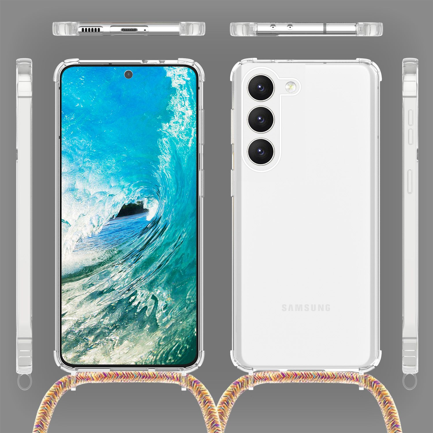 Klare Handyhülle mit Handy und Wellentapete.