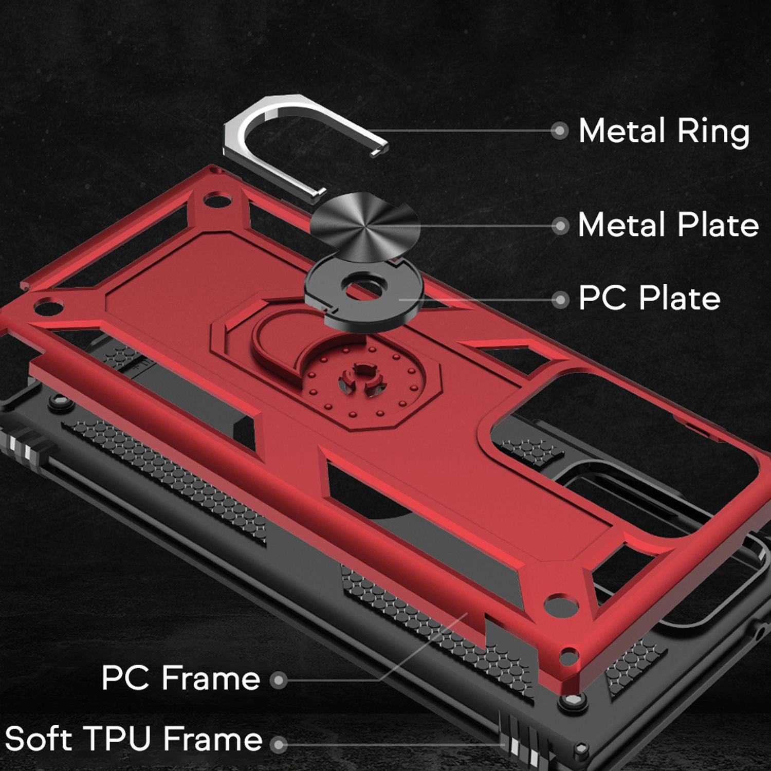 Zerlegte Handyhülle mit Metallring, Platte, PC-Platte, PC-Rahmen und weichem TPU-Rahmen.