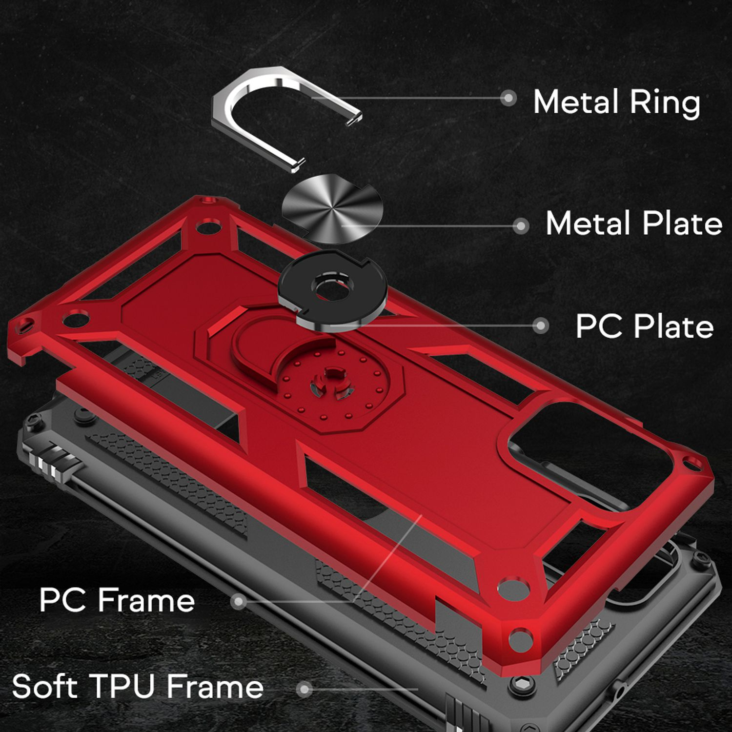 Explosionszeichnung einer Handyhülle mit Metallring und PC-Platte. Der weiche TPU-Rahmen ist sichtbar.