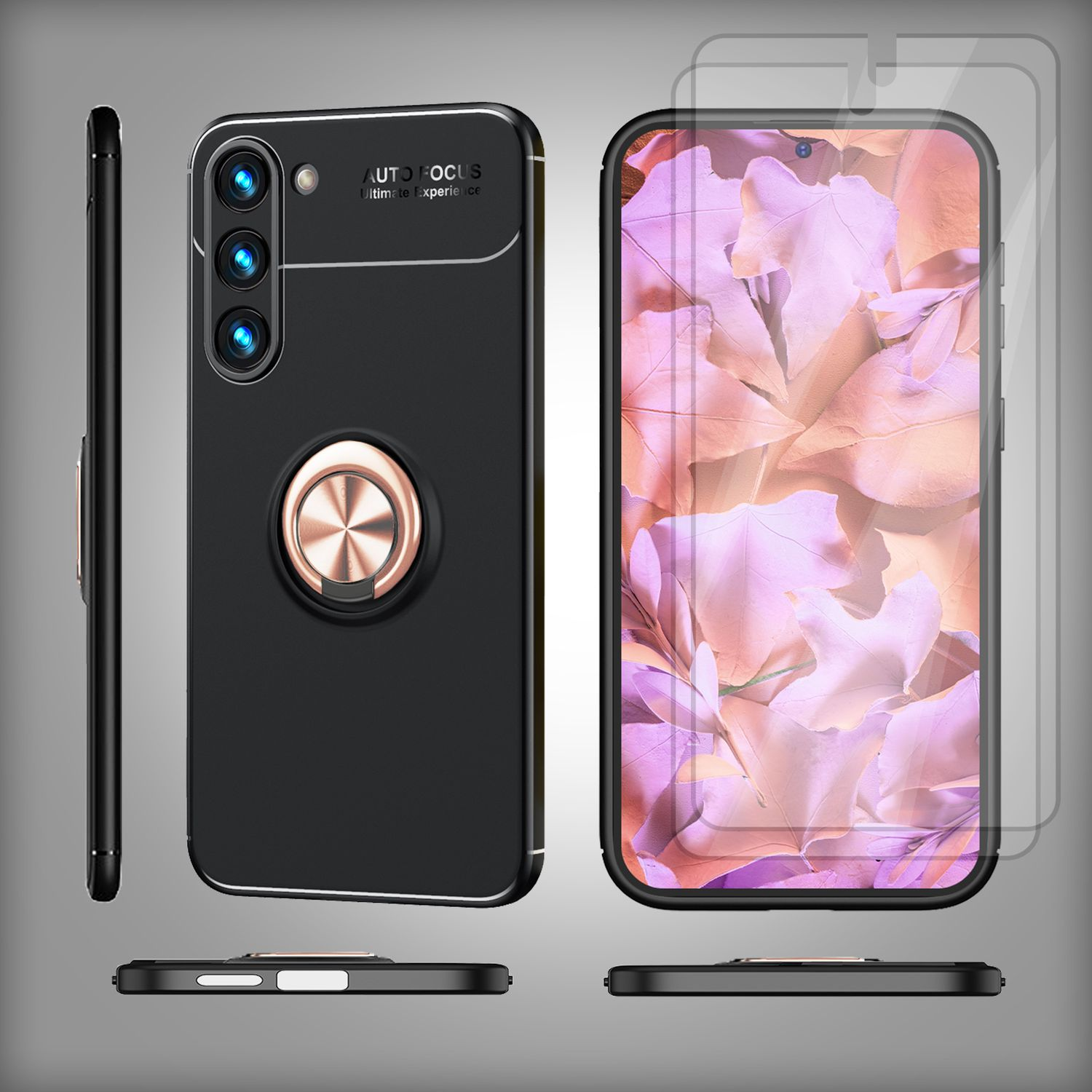 Funda negra para teléfono con soporte de anillo y protector de pantalla. Múltiples vistas.