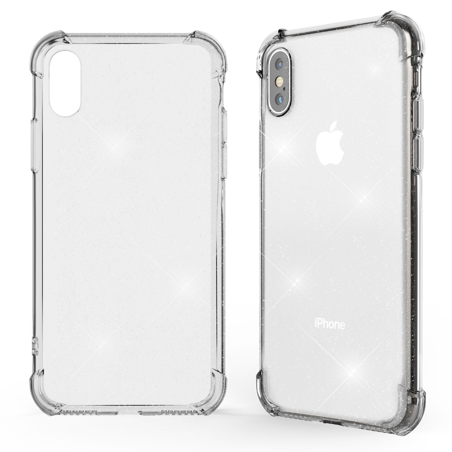 Transparente Handyhülle mit Glitzer. Mehrere Ansichten, die die Hülle um das Telefon zeigen.