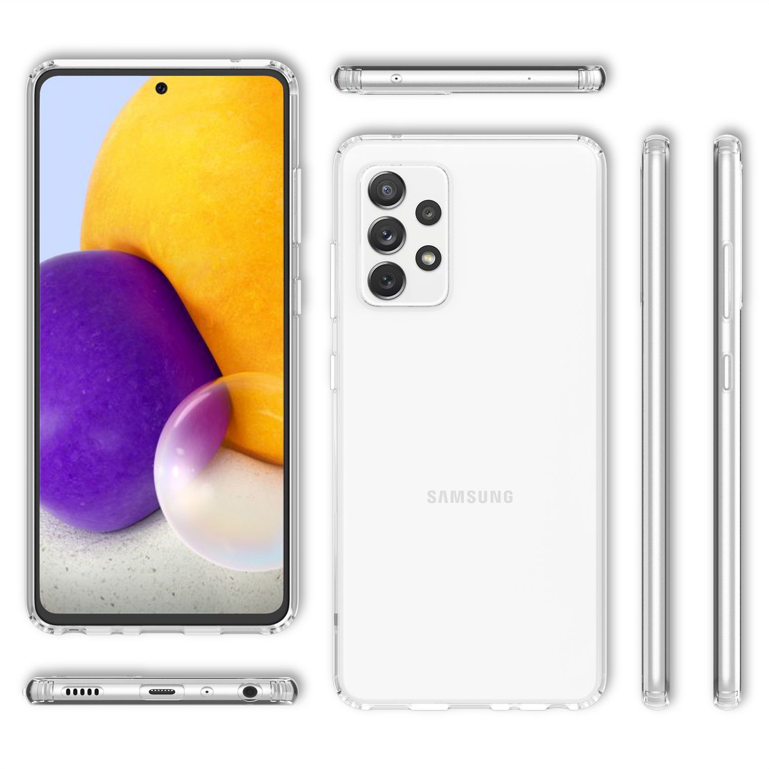 Samsung-Telefon in klarer Hülle. Mehrere Ansichten, vorne, hinten und Seiten, zeigen Telefonfunktionen. Weißer Hintergrund.