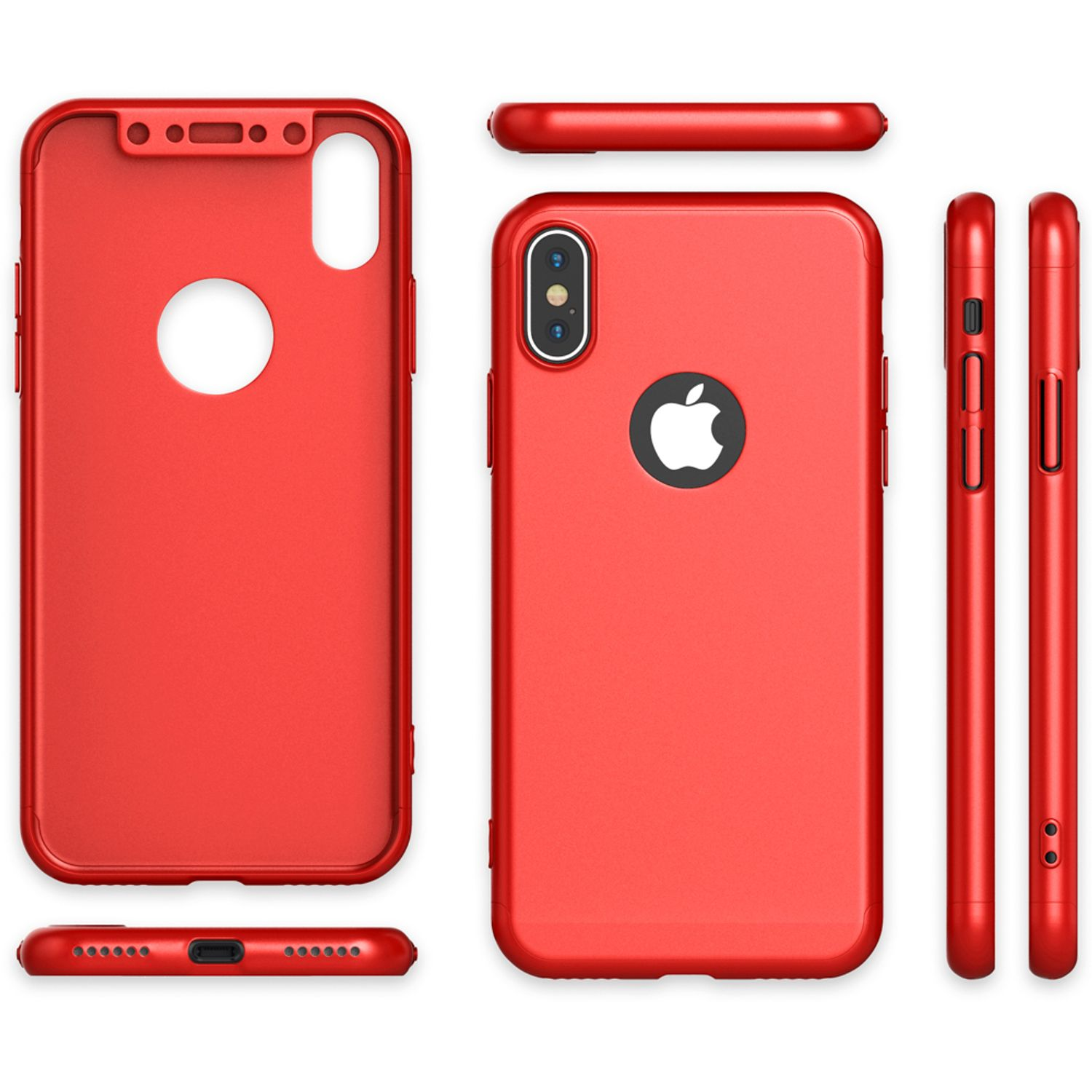 Rote Handyhülle mit Aussparungen für Kamera und Knöpfe. Das Apple-Logo ist sichtbar.