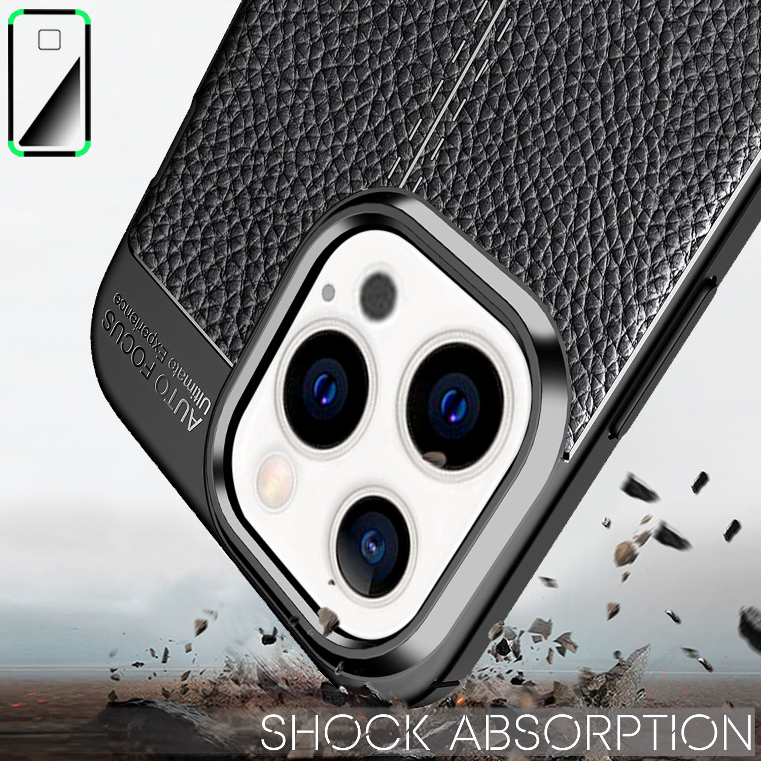 Funda negra para teléfono con diseño texturizado y relieve de cámara, mostrando absorción de impactos.