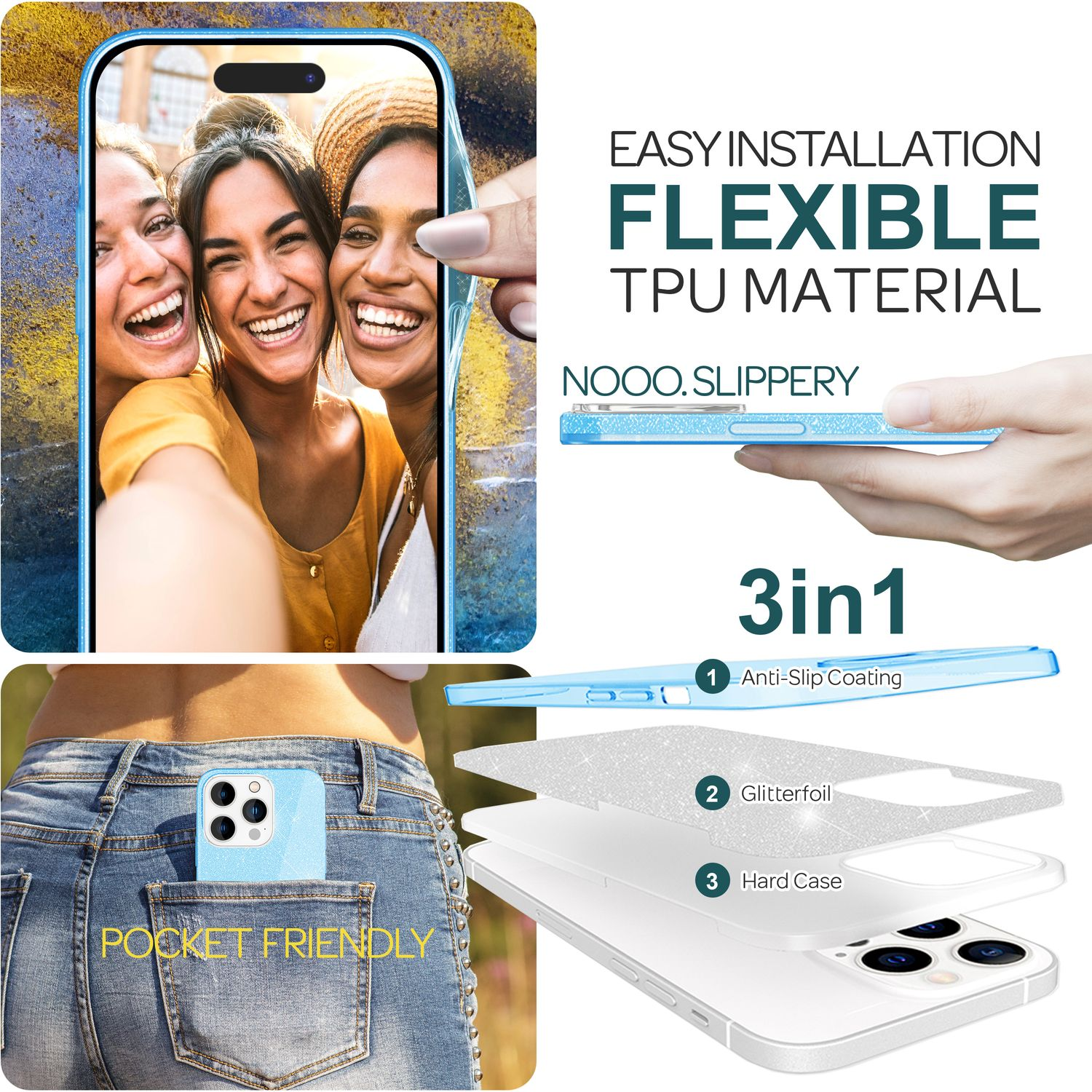 Drei Frauen machen ein Selfie. Eine Handyhülle mit Glitzerfolie und Hartschale. Text: Pocket friendly.