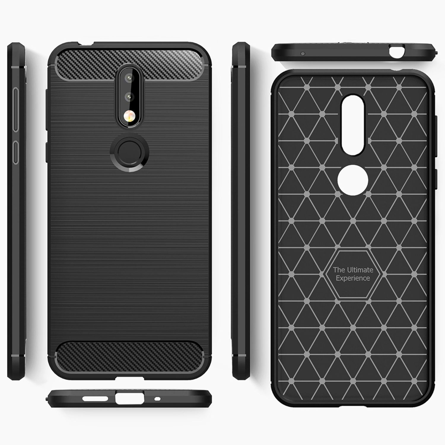 Schwarze Handyhülle mit geometrischem Muster und Carbonfaser-Akzenten. Mehrere Ansichten, weißer Hintergrund.