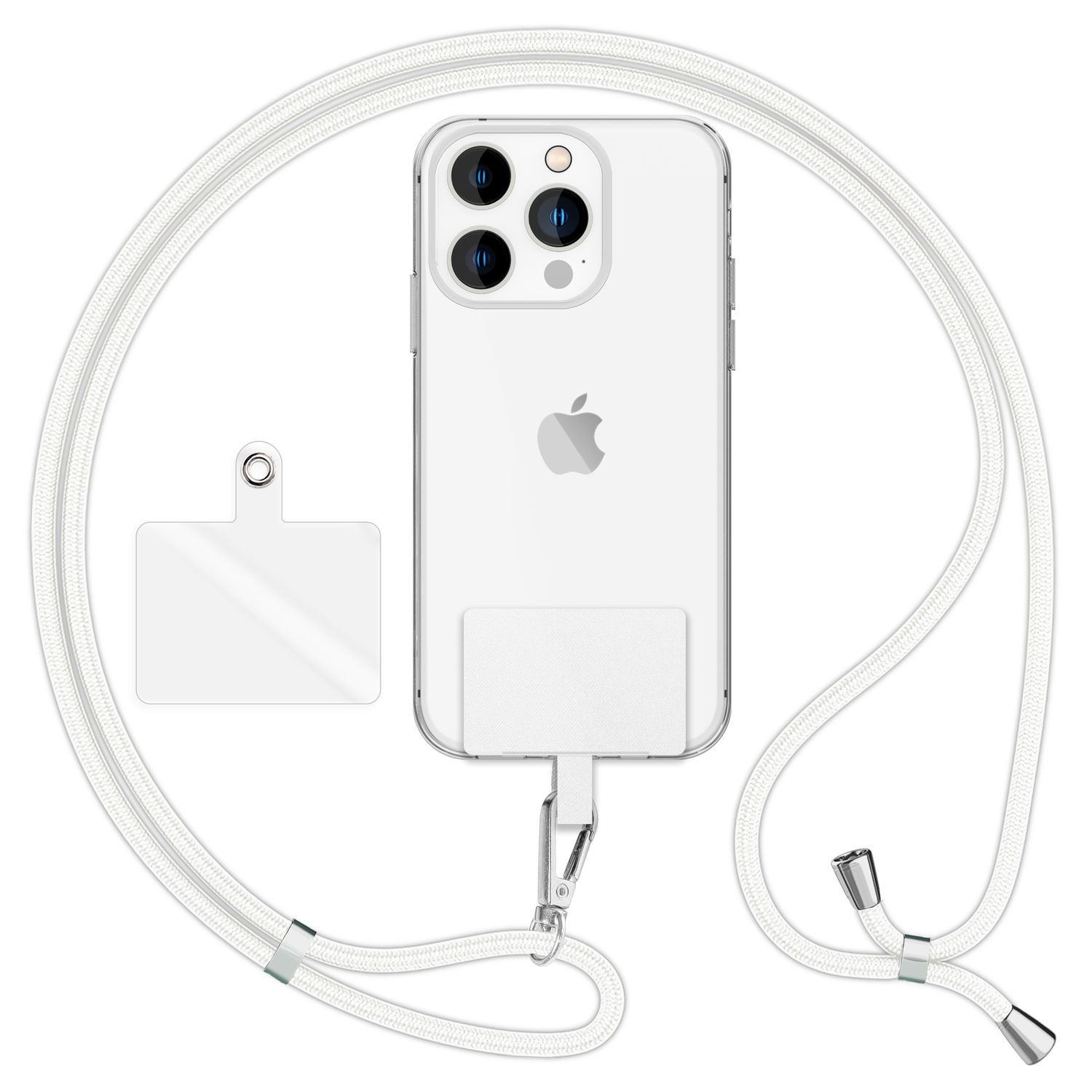 Teléfono blanco con un cordón. El teléfono tiene una funda blanca y un cordón blanco.