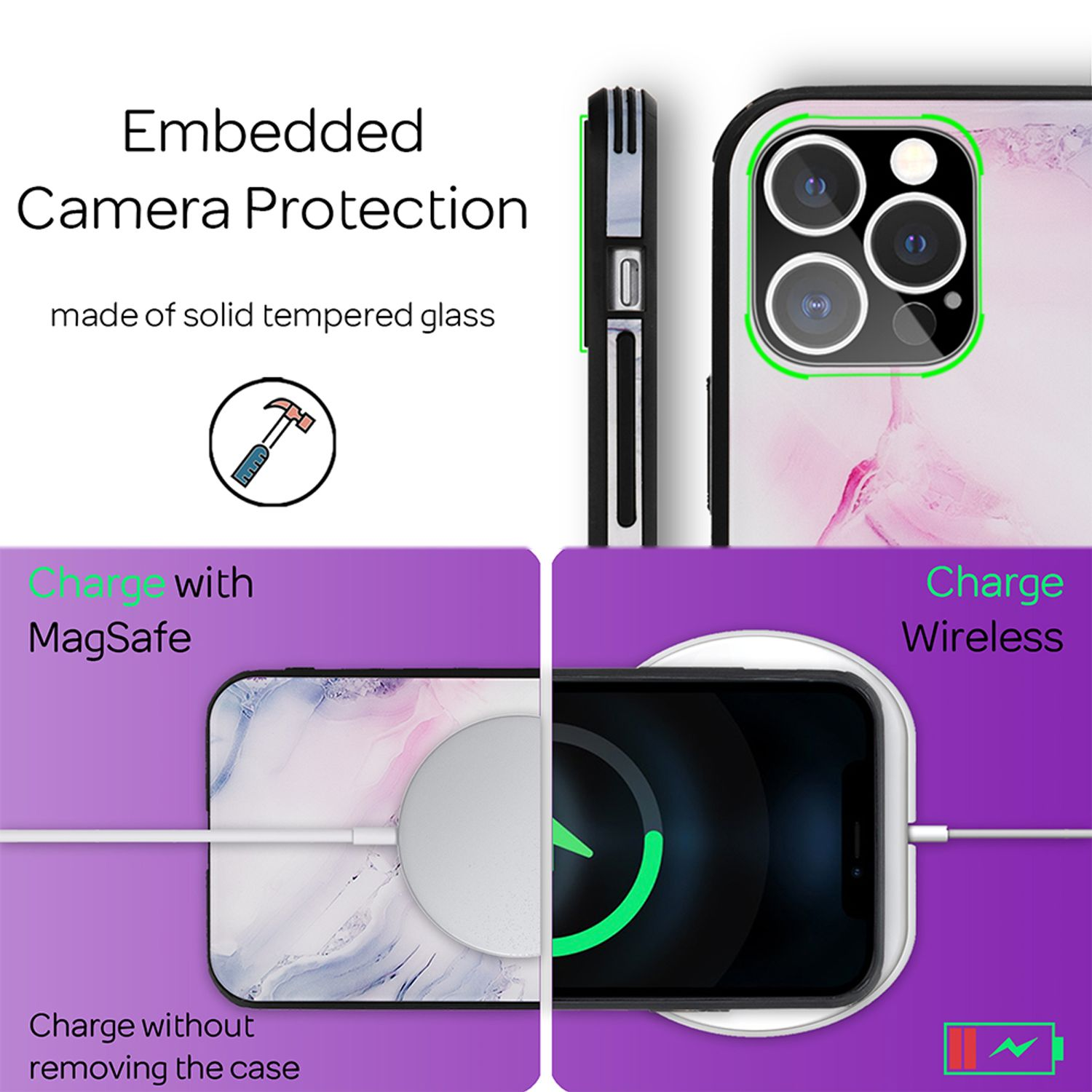 Funda de teléfono con protección de cámara integrada. Muestra carga inalámbrica y carga MagSafe.