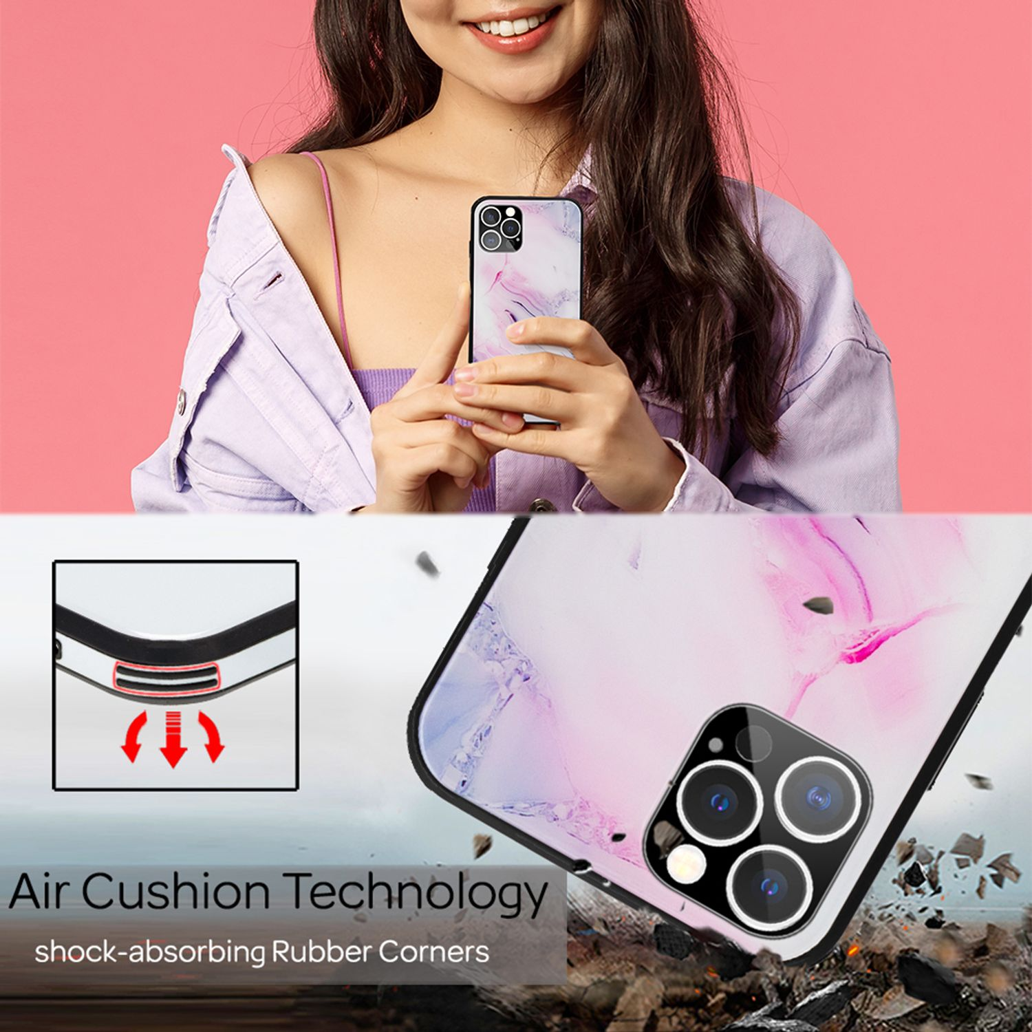 Mujer sosteniendo un teléfono en una funda de mármol. Se muestra la tecnología Air Cushion.