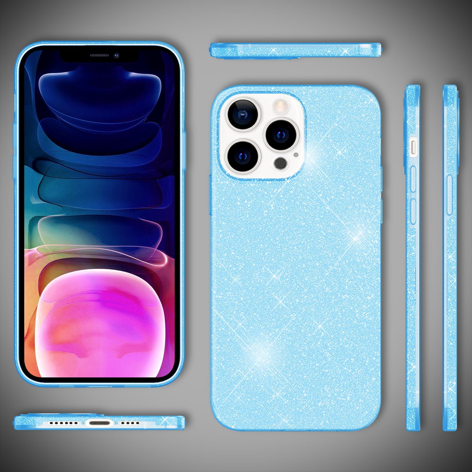Una funda de teléfono con purpurina azul claro con un teléfono dentro se muestra desde diferentes ángulos.