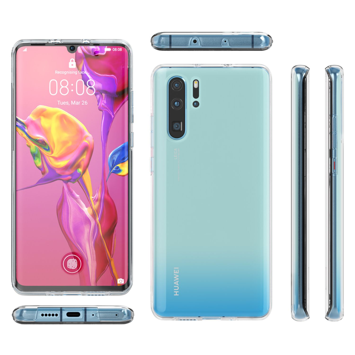 Eine durchsichtige Handyhülle mit einem Telefon darin. Mehrere Ansichten des Telefons werden gezeigt.