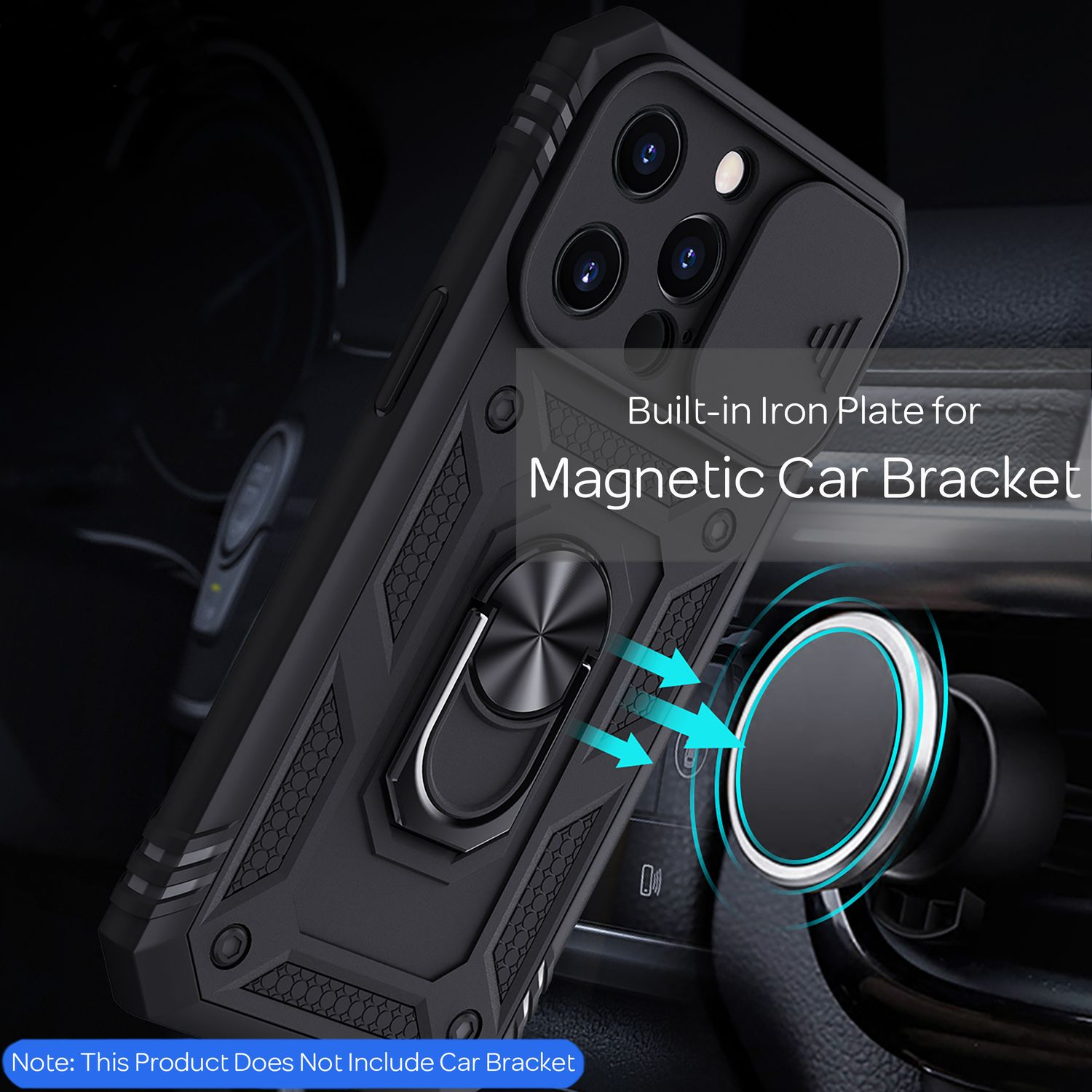 Schwarze Handyhülle mit eingebauter Eisenplatte für eine magnetische Autohalterung.