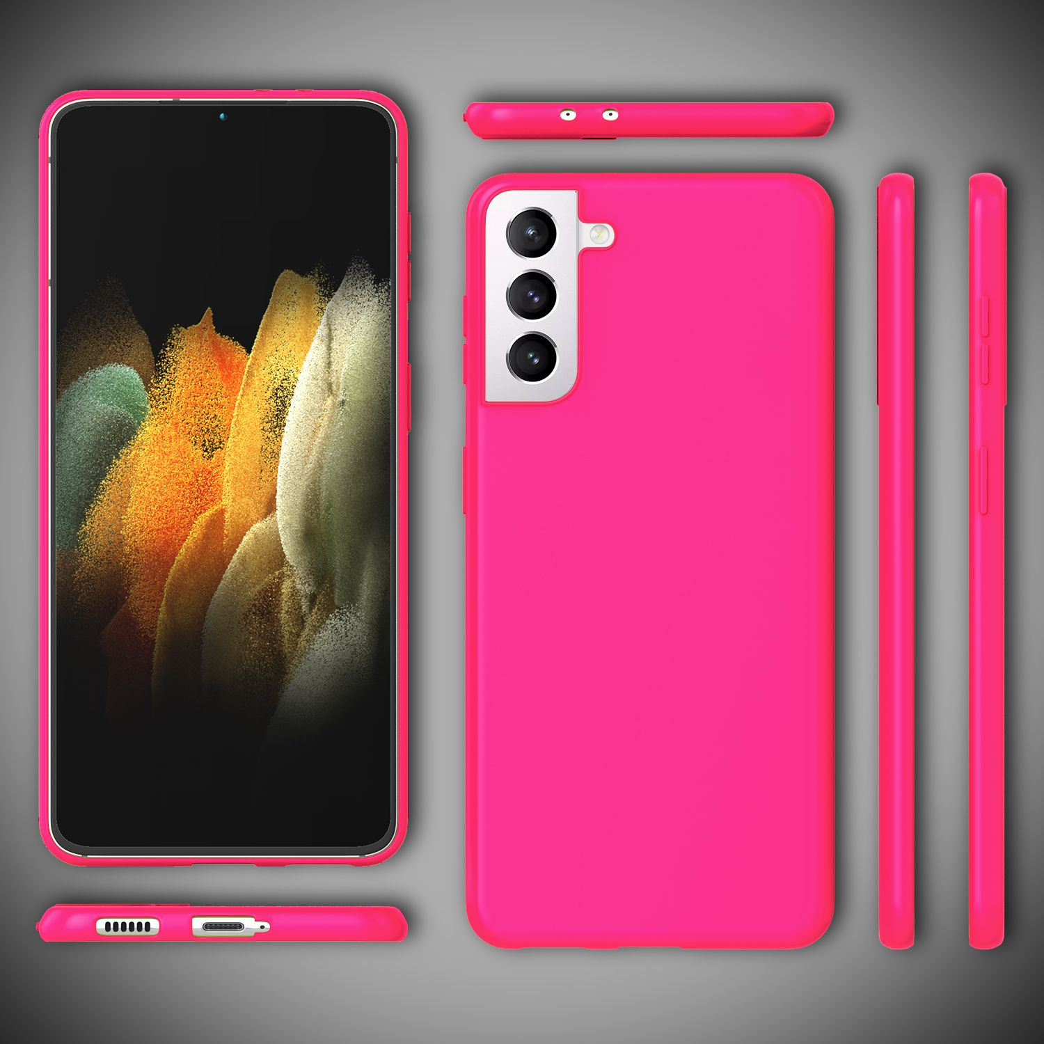 Telefono e custodia rosa, varie viste. Schermo con design astratto colorato.