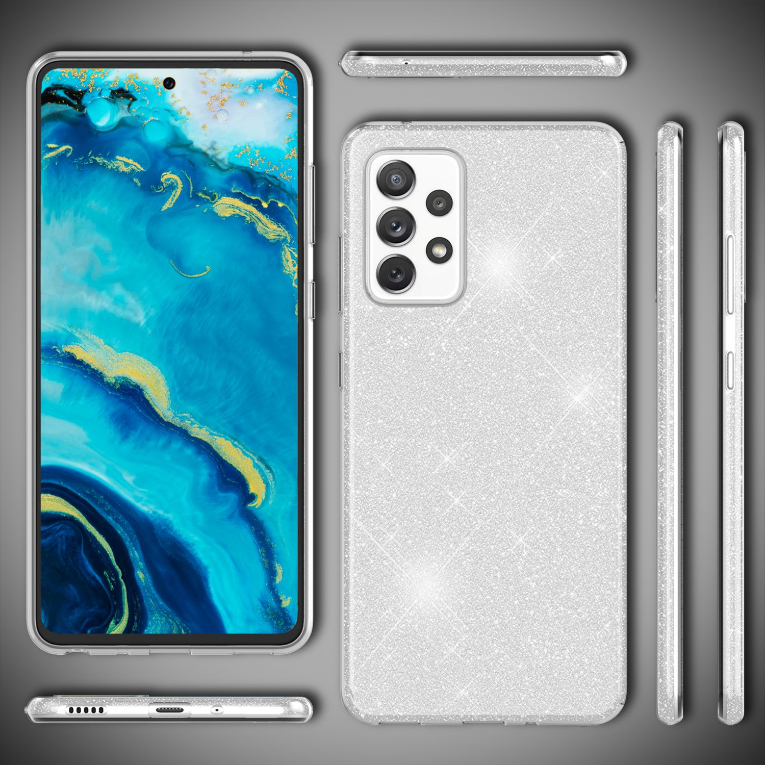 Silberne Handyhülle mit Glitzereffekt, Telefon und Details auf grauem Hintergrund.
