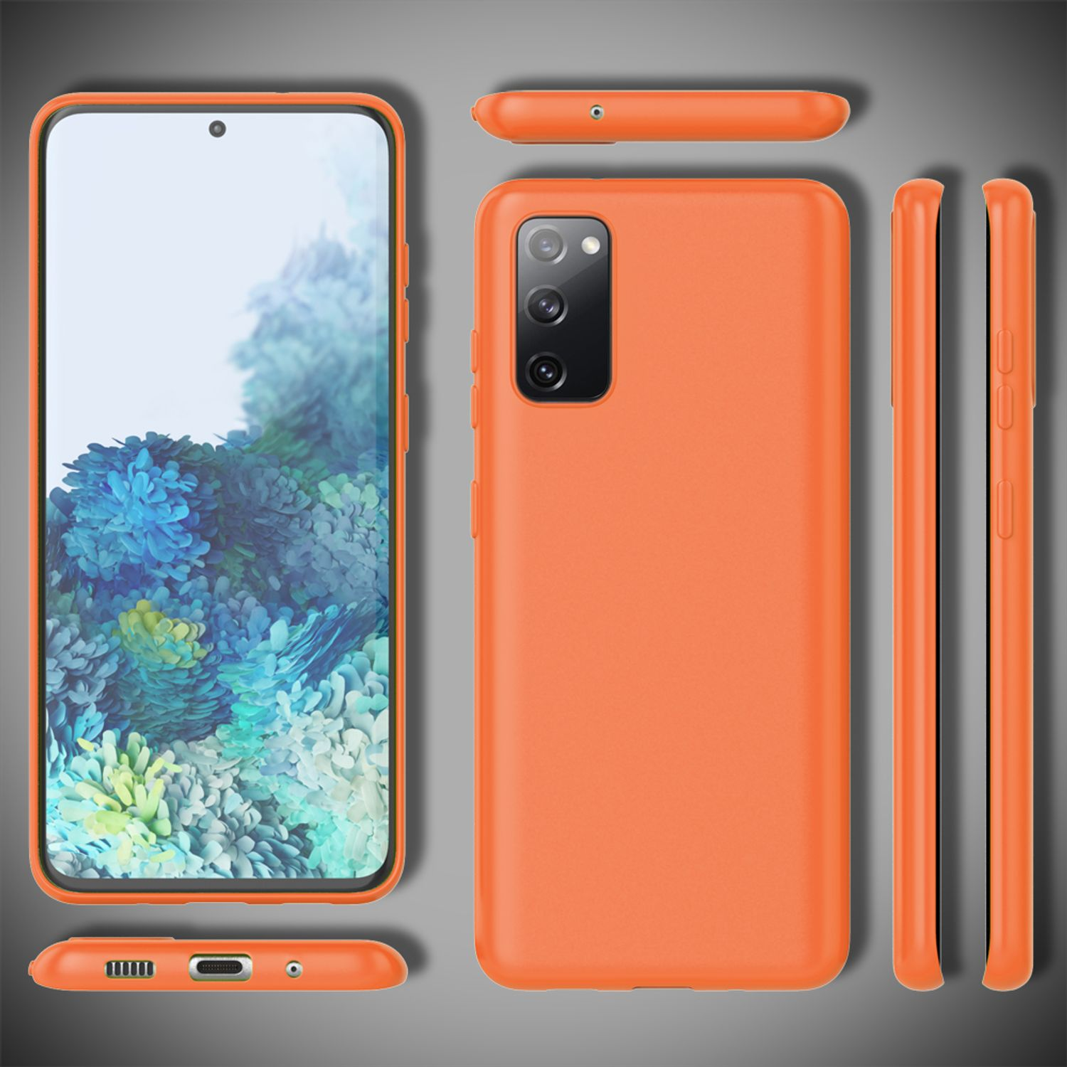 Orangefarbene Handyhülle mit Telefon im Inneren, mehrere Ansichten.