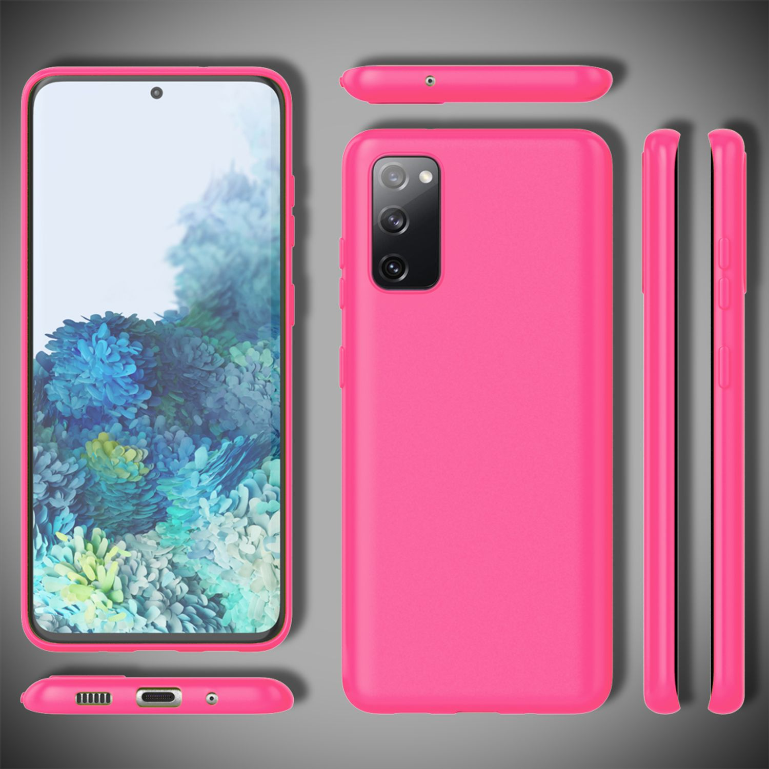 Rosa Handyhülle mit Telefon und Telefondetails auf grauem Hintergrund.
