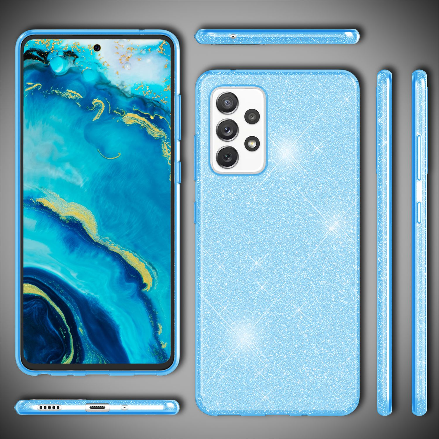 Handyhüllen mit glitzerndem blauem Design. Zeigt verschiedene Ansichten, einschließlich des Bildschirms.