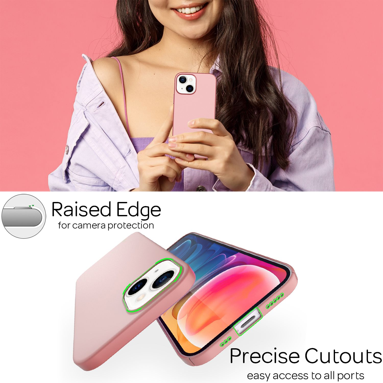 Mujer sosteniendo un teléfono rosa en una funda. Las imágenes muestran protección de cámara y cortes precisos.
