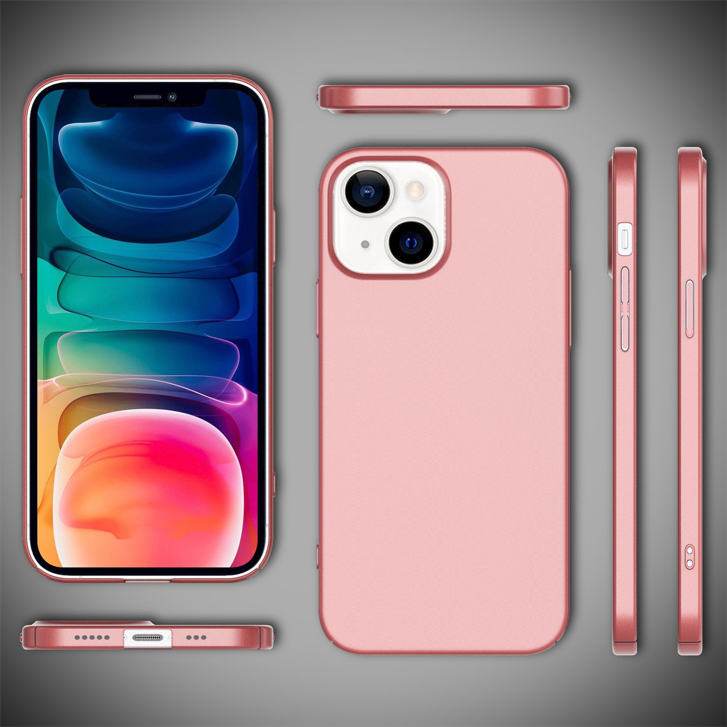 Múltiples vistas de una funda rosa. Muestra la pantalla y las vistas laterales del teléfono.