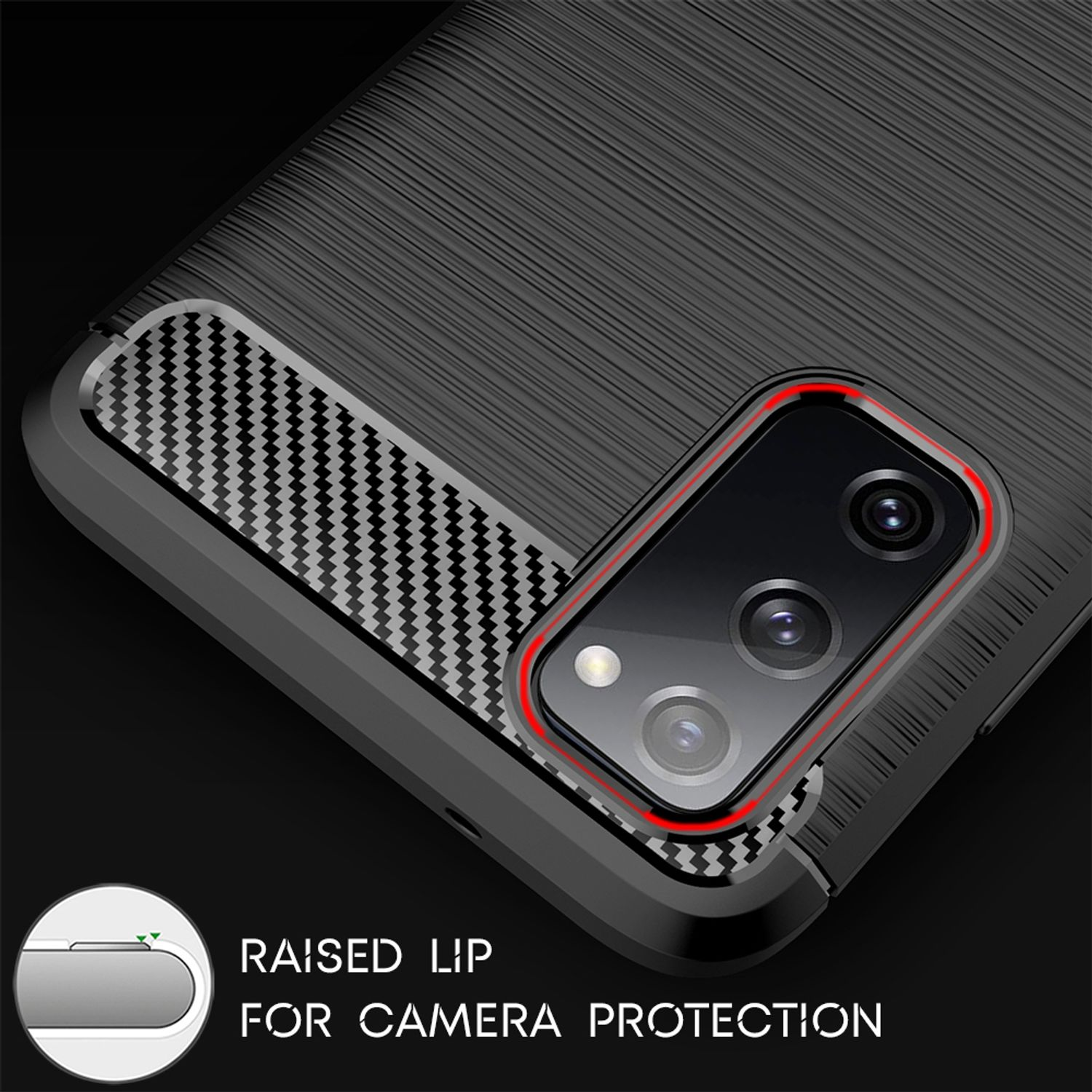 Eine Telefonkamera, schwarz mit einem Carbonfaser-Design um das Objektiv.