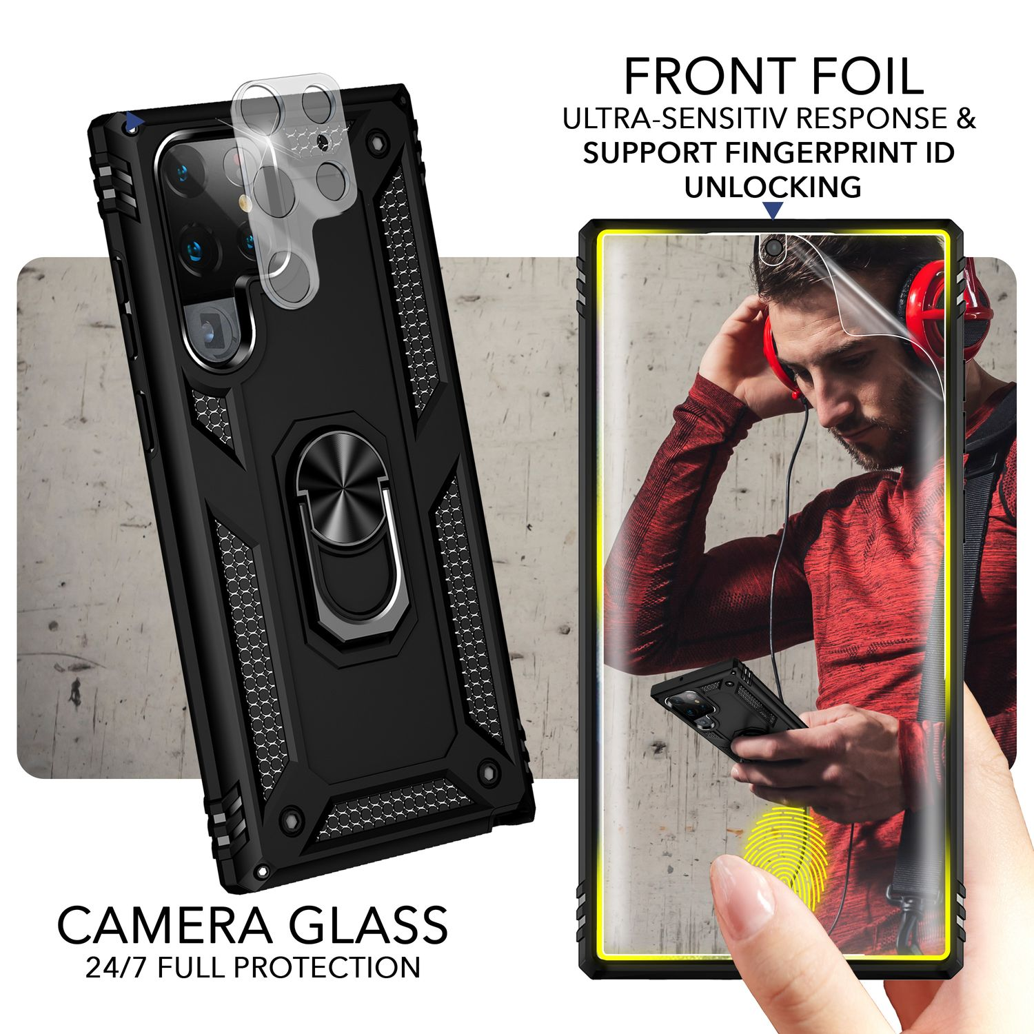 Schwarze Handyhülle mit einer Frontfolie. Es zeigt einen Mann mit Kopfhörern und das Telefon.
