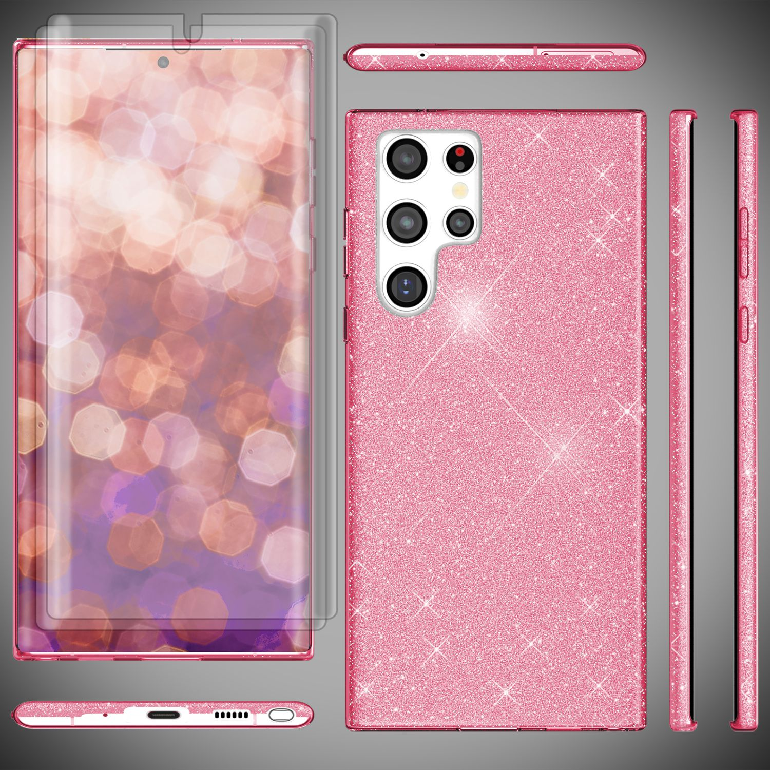 Pink glitzernde Handyhülle mit mehreren Ansichten und einem Displayschutz. Der Hintergrund ist ein pinkes Bokeh.
