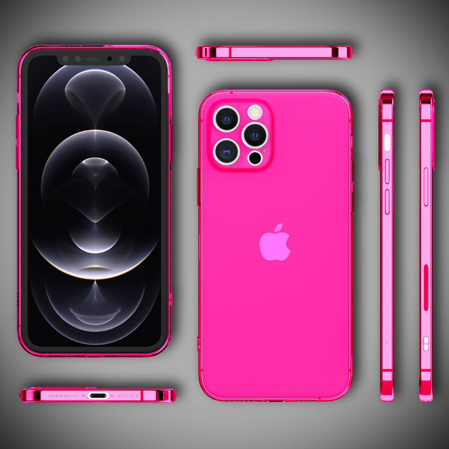 Mehrere Ansichten einer pinken Handyhülle. Es ist hellrosa und für ein iPhone konzipiert.