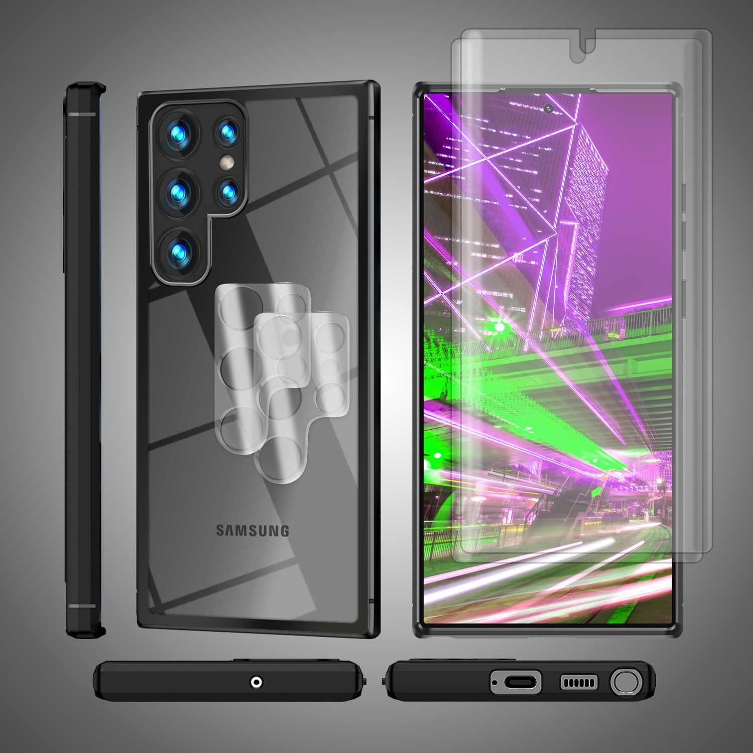 Ein schwarzes Telefon mit transparenter Hülle und Displayschutzfolie. Mehrere Ansichten des Telefons.