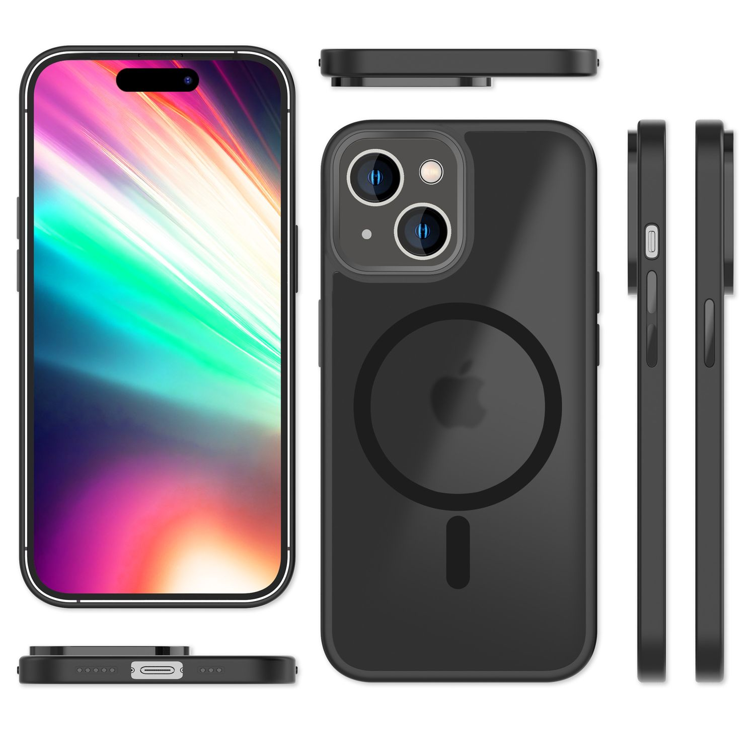 Coque de téléphone noire avec un iPhone. Plusieurs vues montrent la coque, y compris les profils avant, arrière et latéraux.