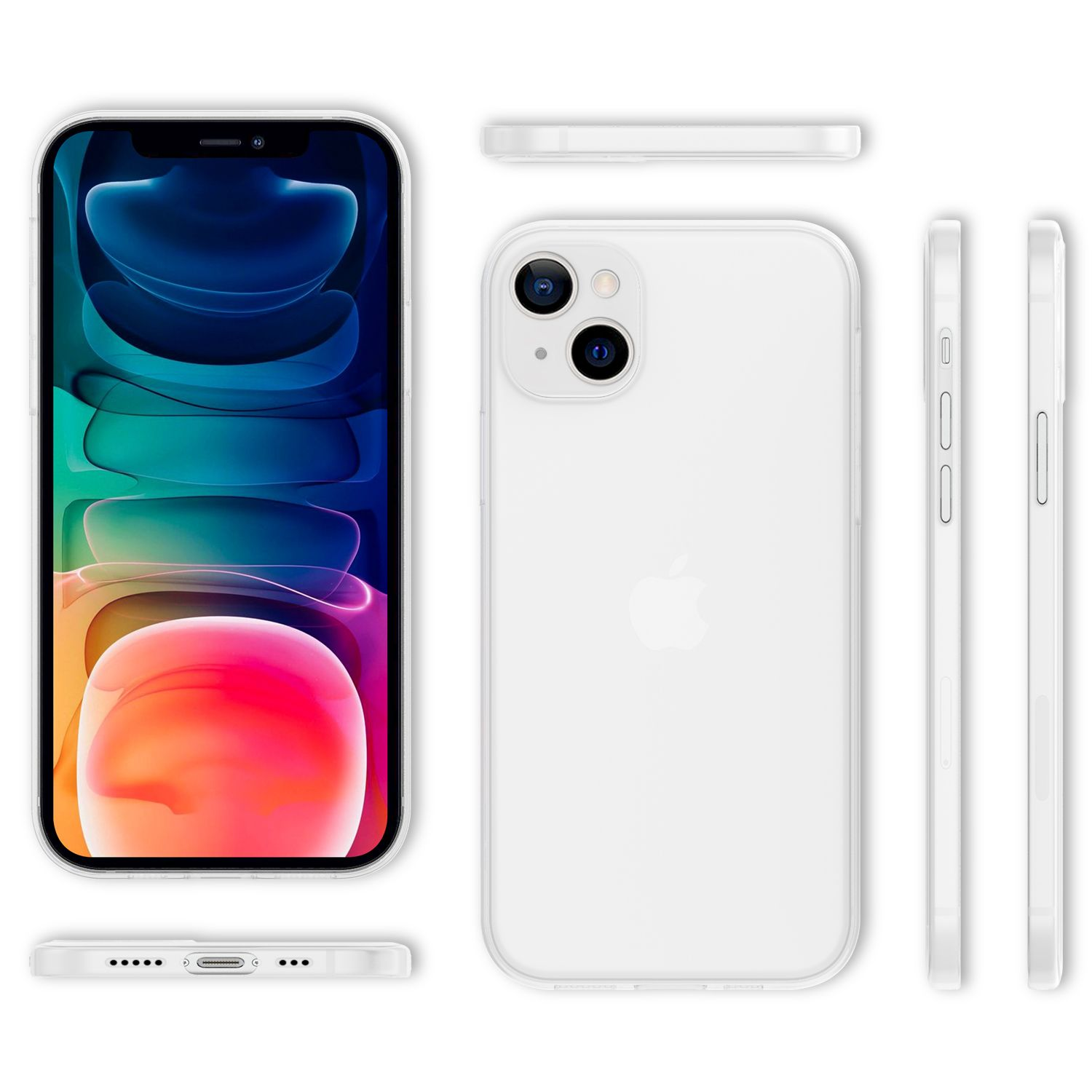 Ein weißes Telefon mit einer transparenten Hülle. Mehrere Ansichten des Telefons und der Hülle sind vorhanden.