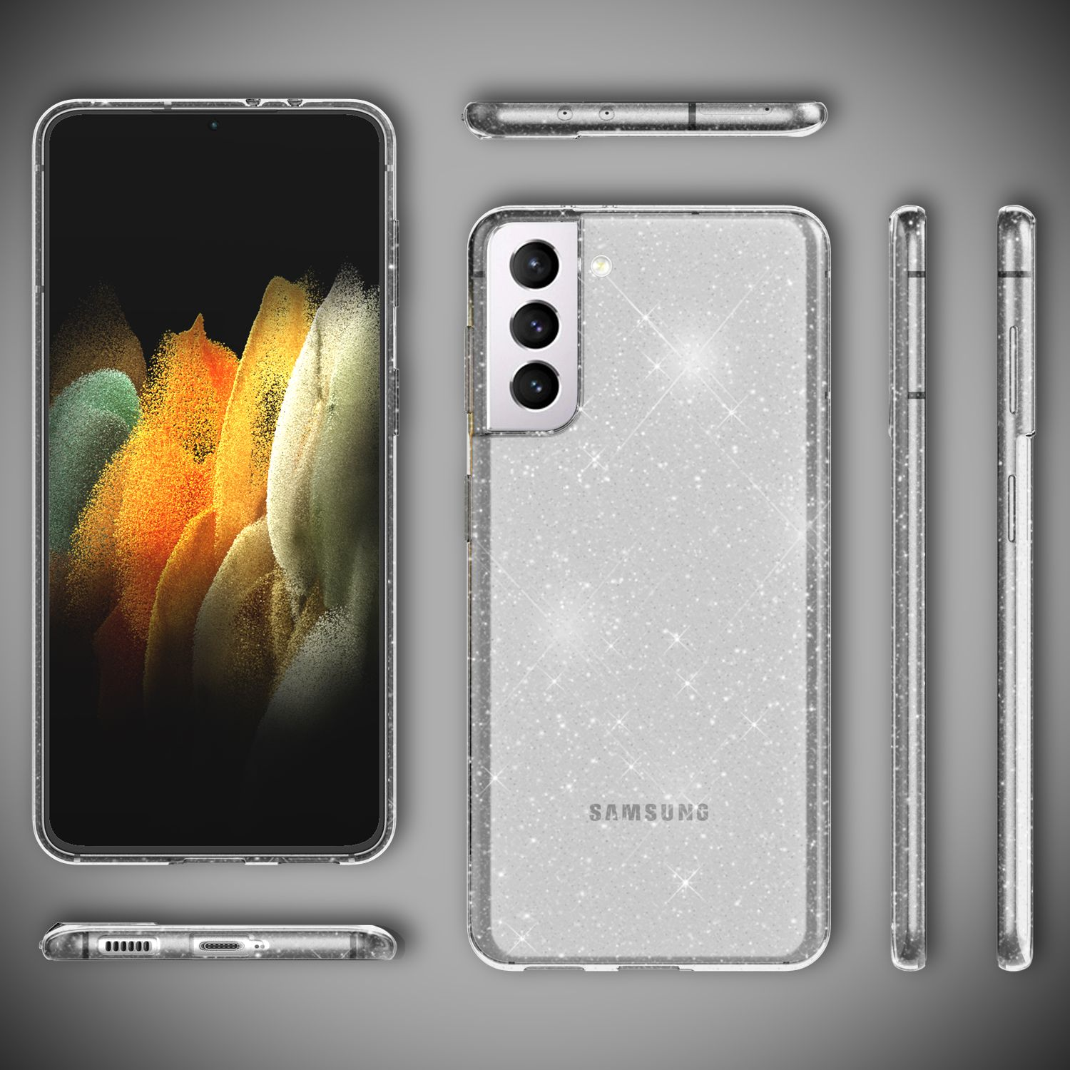 Eine silberne Handyhülle mit Glitzer, mit einem Telefon. Mehrere Ansichten der Handyhülle sind vorhanden.