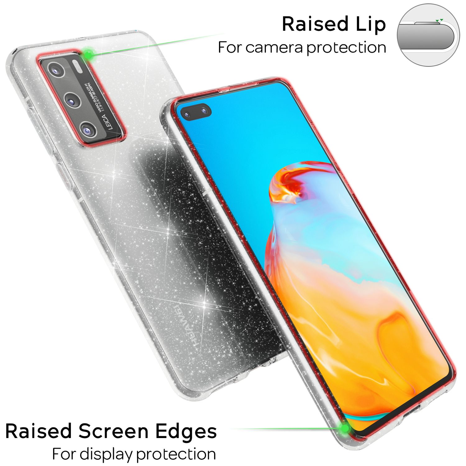 Transparente Handyhülle. Es zeigt ein Telefon und die roten Kanten der Handyhülle.
