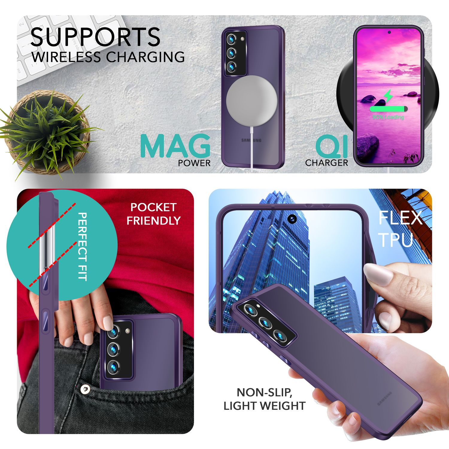 Lila Handyhülle mit Handy, Mag Power und QI-Ladegerät-Bildern und Text.
