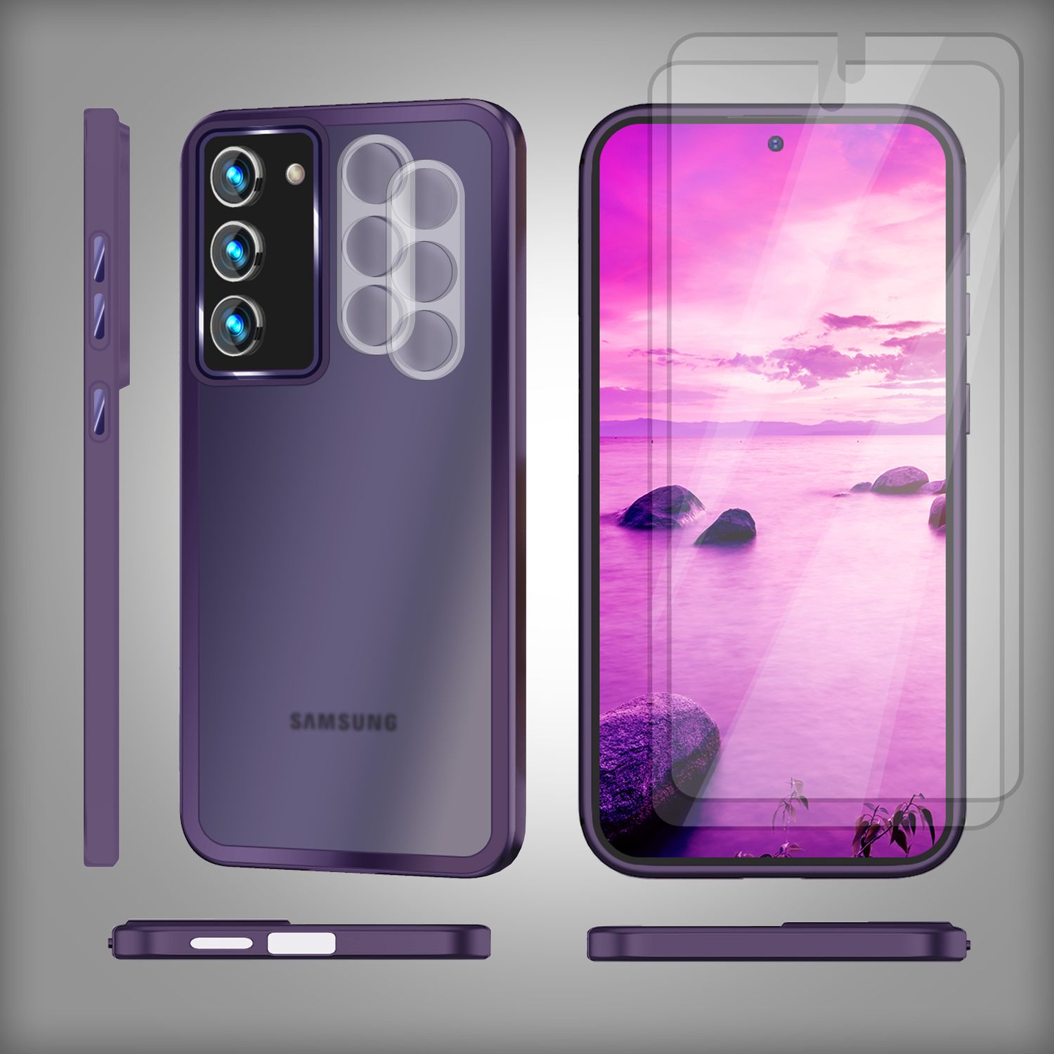 Ein lila Telefon mit Hülle und Displayschutz. Mehrere Ansichten des Telefons werden gezeigt.