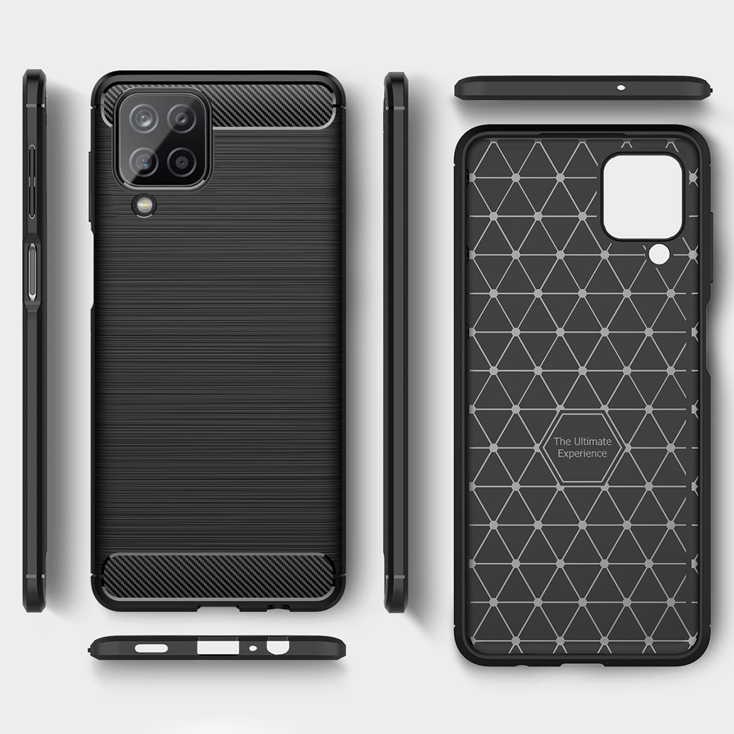 Vier Ansichten einer schwarzen Handyhülle. Eine Seite hat ein Karbonfasermuster, eine andere ein geometrisches Design.