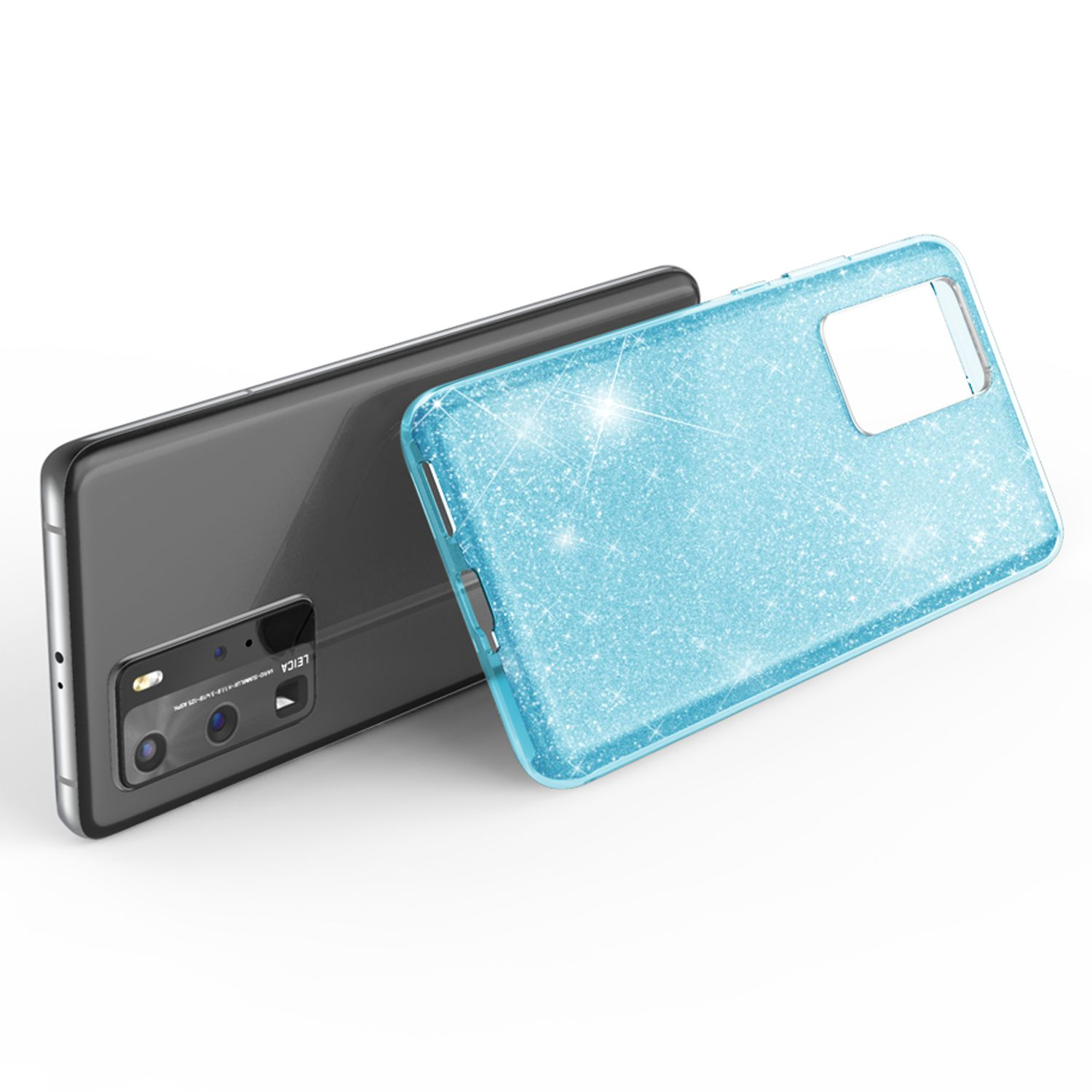 Ein Telefon mit einer glitzernden blauen Hülle. Das Telefon liegt auf dem Rücken.