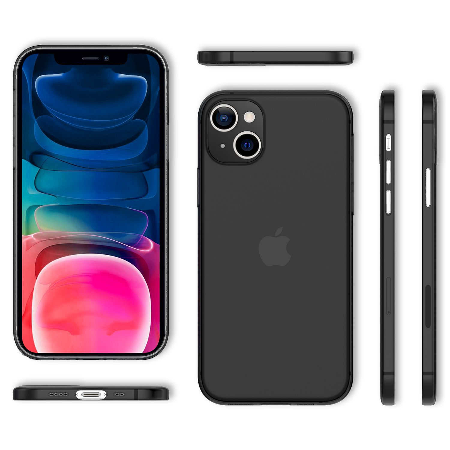 Ein schwarzes Telefon mit dem Apple-Logo. Mehrere Ansichten des Telefons werden angezeigt.