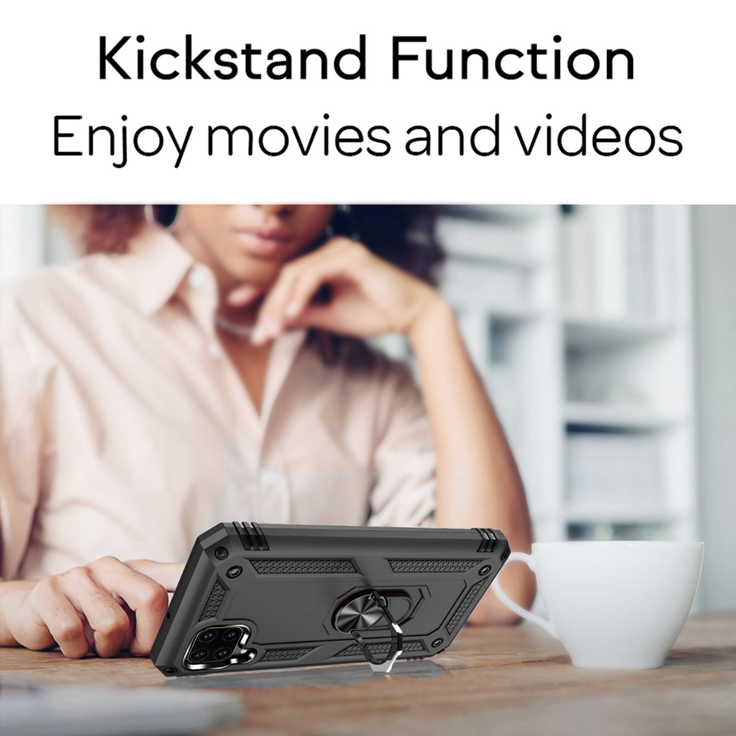 Eine Handyhülle mit Ringständer liegt auf einem Tisch. Im Hintergrund steht: 'Genießen Sie Filme und Videos'.
