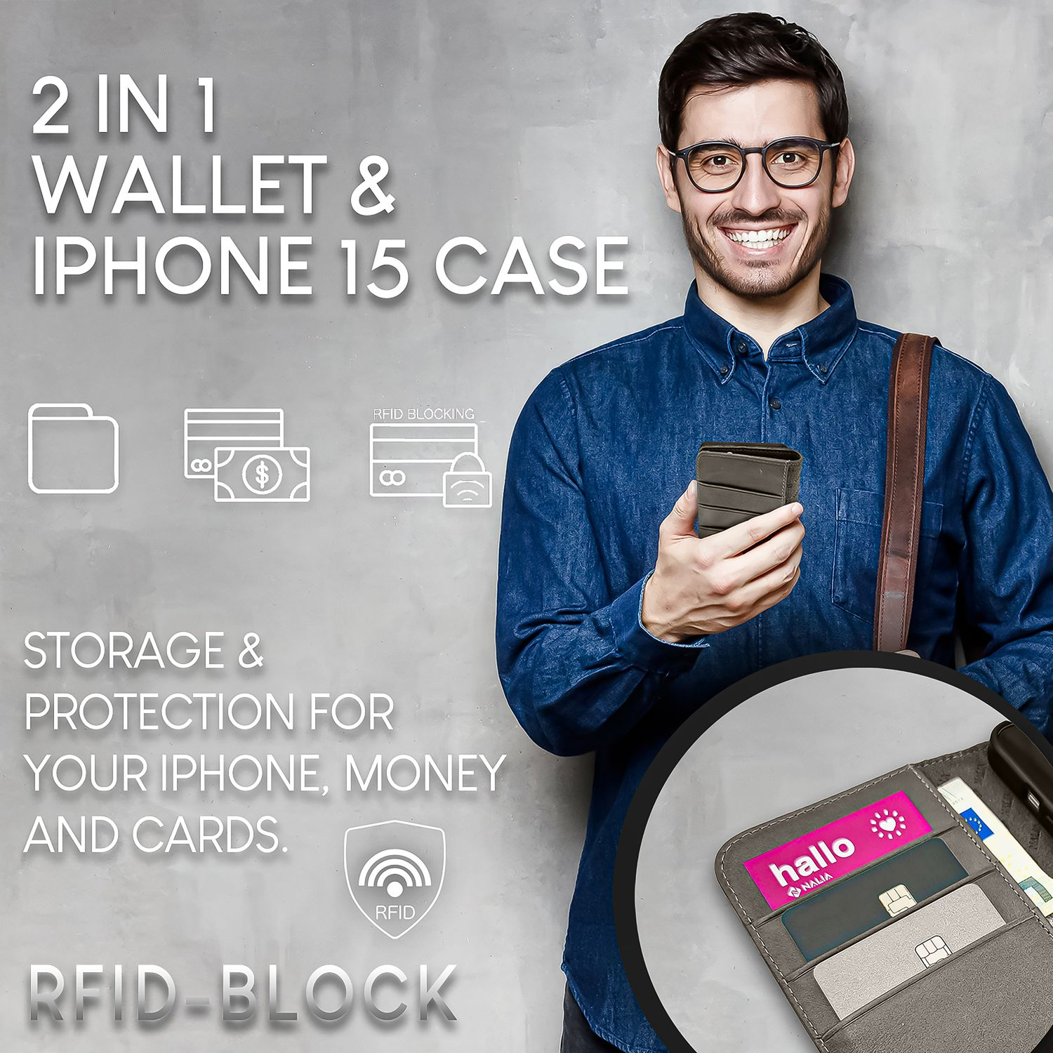 Ein Mann mit Brille hält eine Brieftasche. Text links beschreibt Brieftasche und iPhone 15 Hülle.