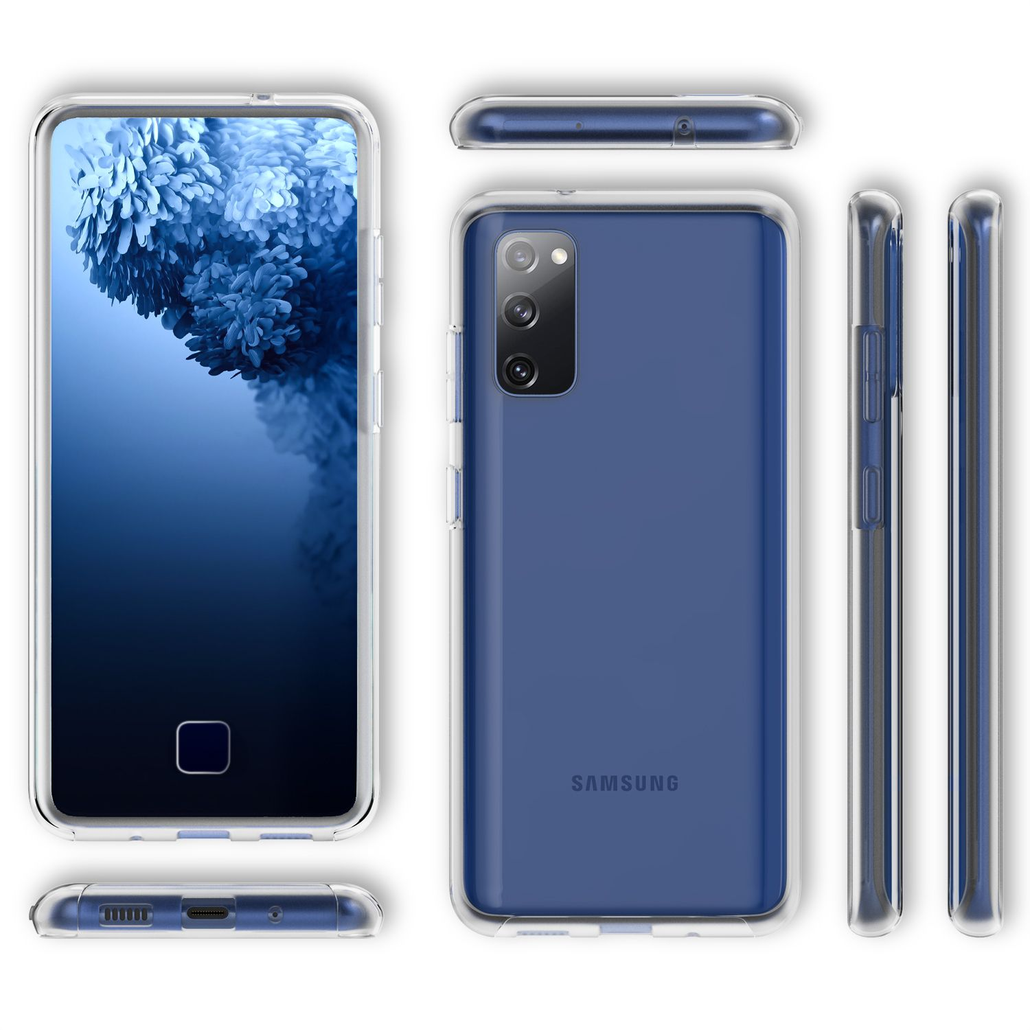 Eine Handyhülle wird aus mehreren Blickwinkeln gezeigt, wobei sich ein Telefon darin befindet. Das Telefon hat einen blauen Bildschirm.
