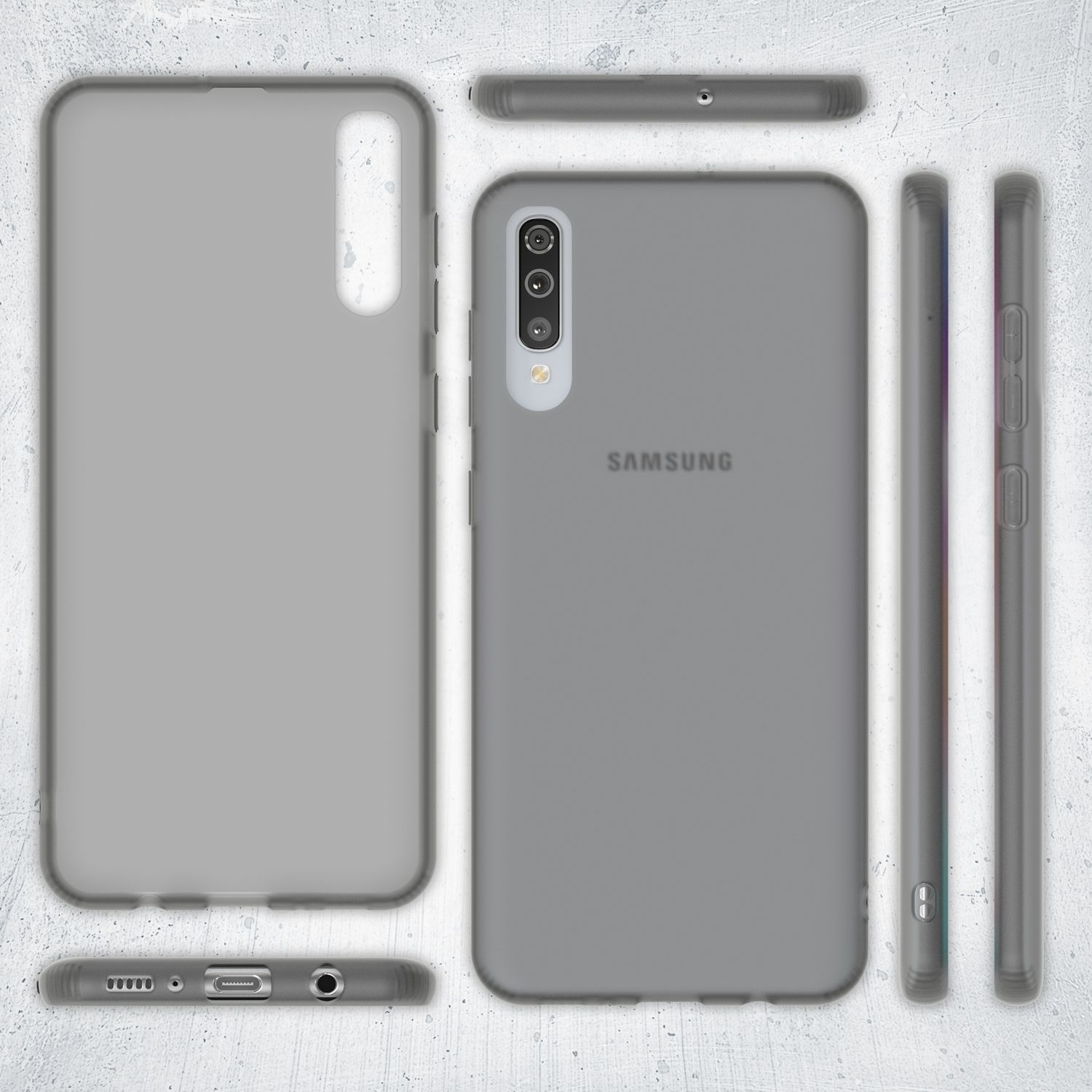 Eine Handyhülle wird aus mehreren Blickwinkeln gezeigt. Die Handyhülle ist hellgrau und hat das Samsung-Logo.