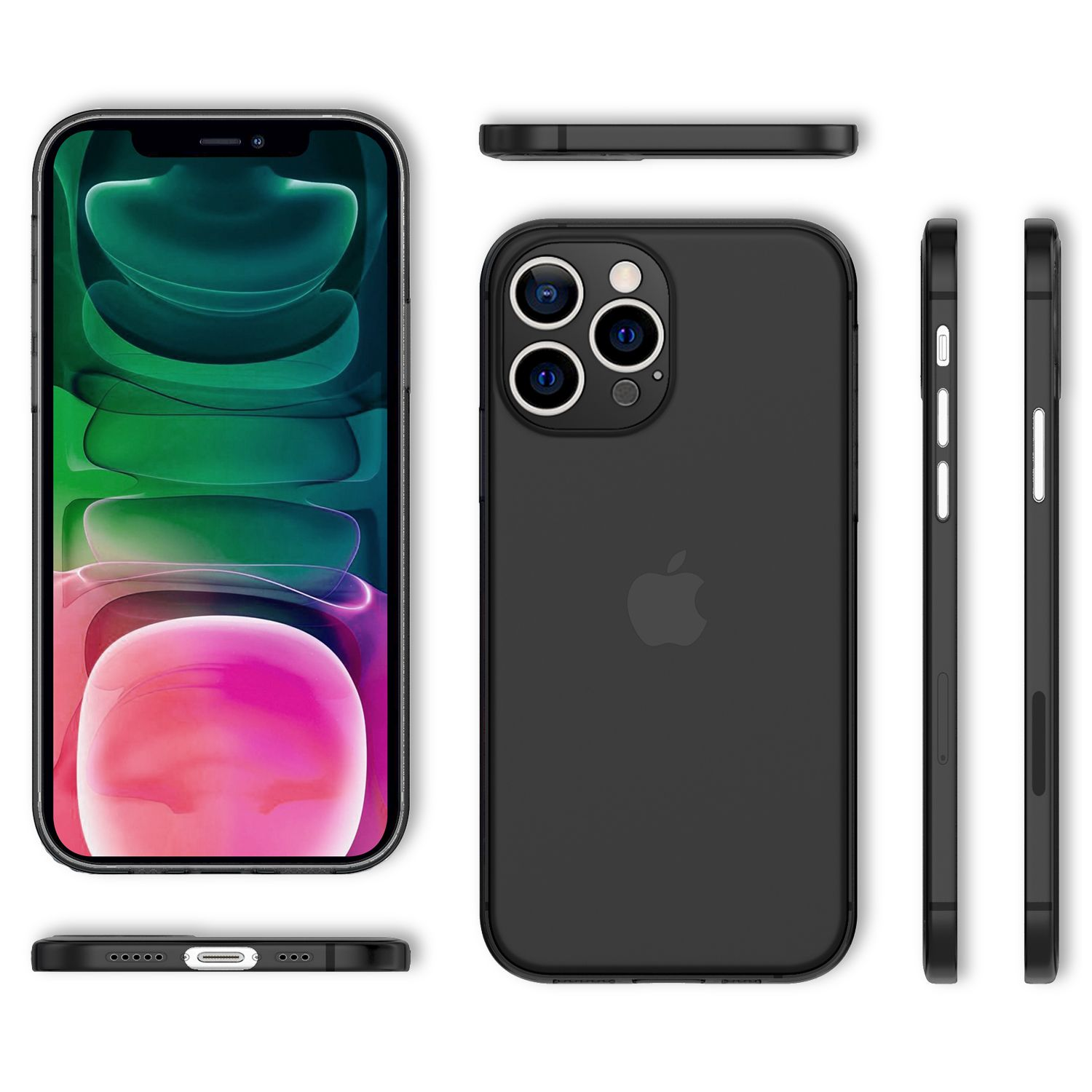 Schwarze iPhone 12 Pro Hülle. Zeigt Vorder-, Rückseite, Ober- und Seiten, alles vor weißem Hintergrund.
